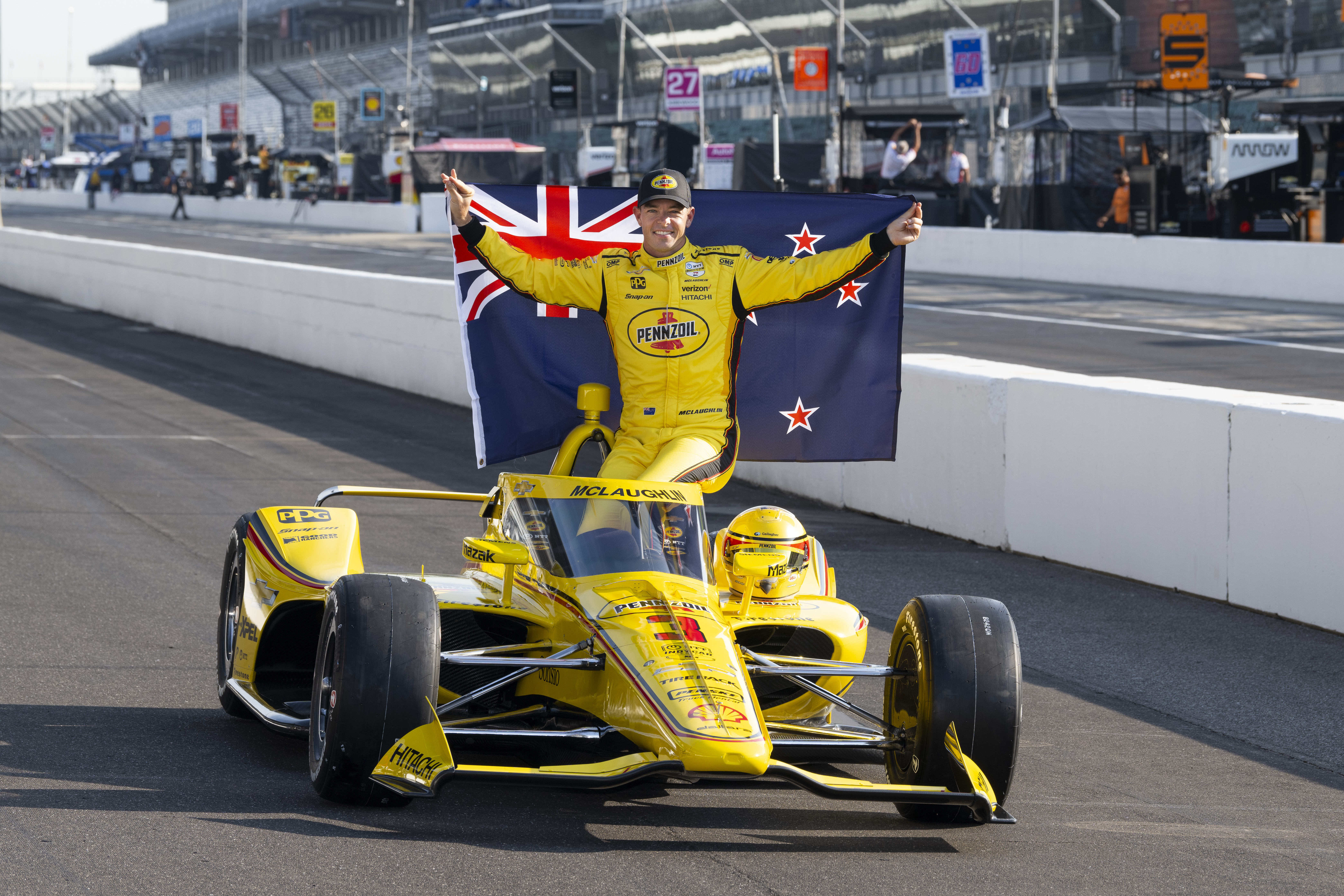 Scott McLaughlin celebrates after winning the Indy500 pole. Photo / Supplied