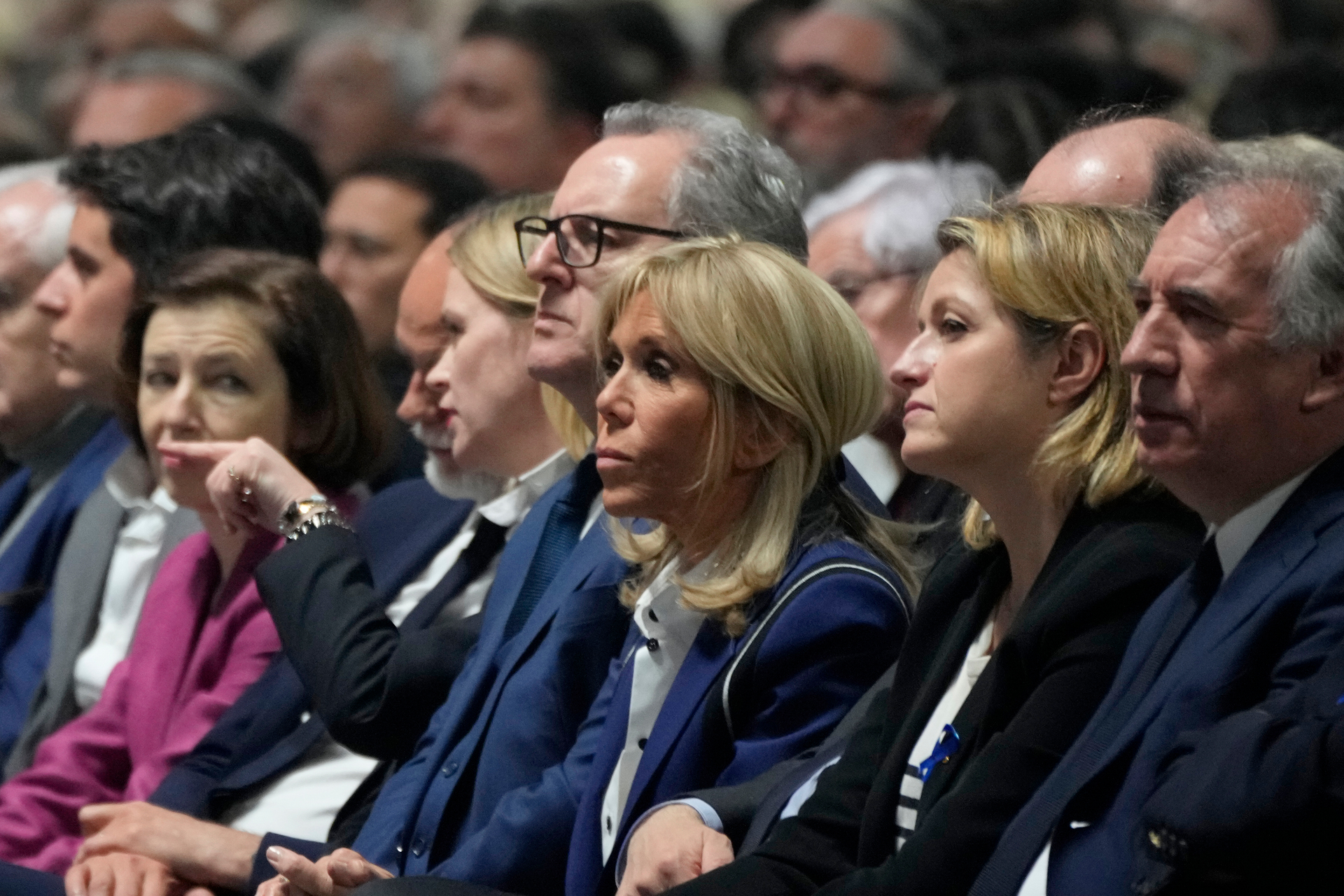 Brigitte Macron listens to her husband speak at a meeting in Paris on April 2, 2022. Photo / AP 