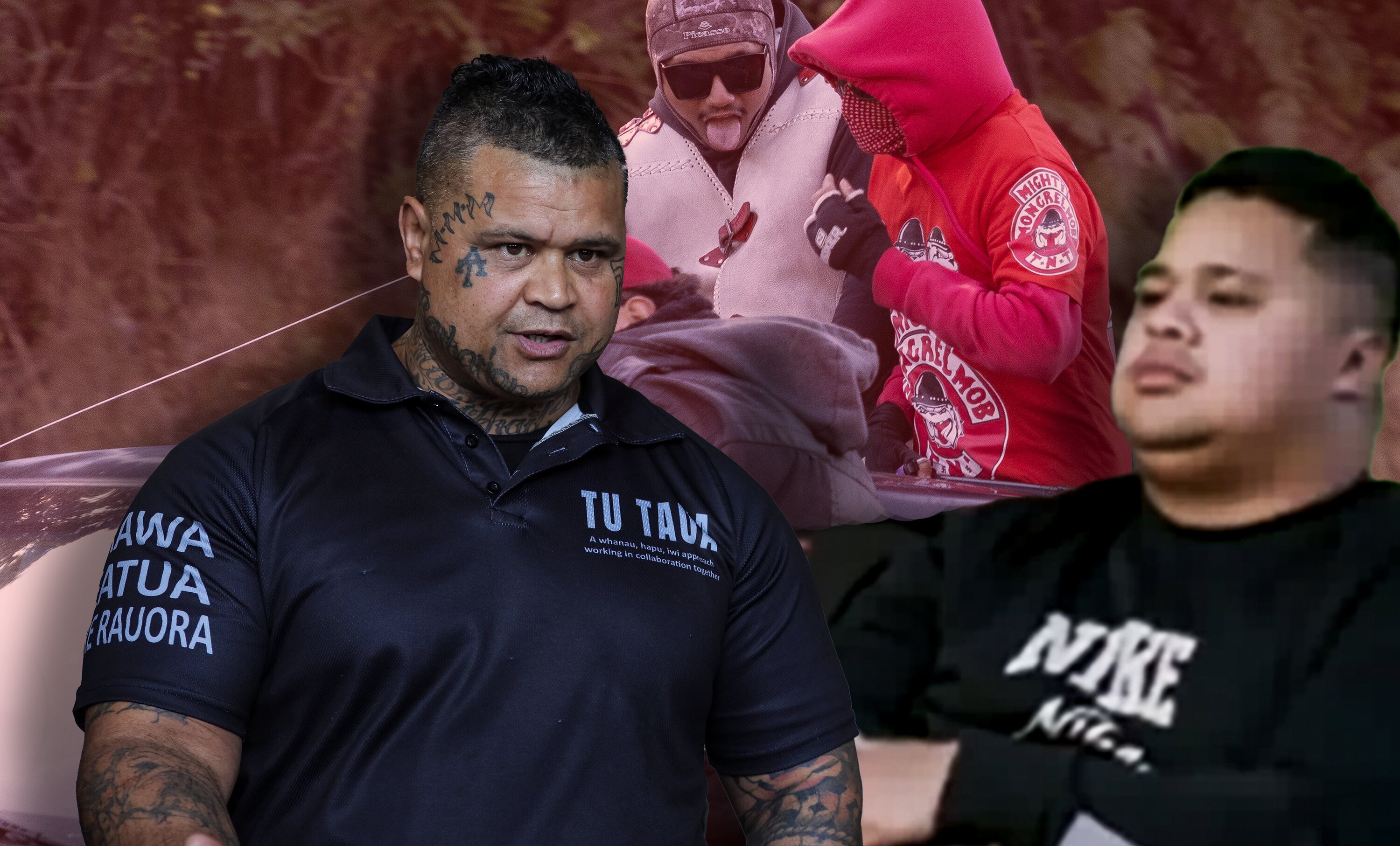 Mikhail Taiatini, right, has taken over as the captain of the Mongrel Mob Barbarians chapter in Opotiki following the death of his father Steven Taiatini, left, last year. Composite image / NZME