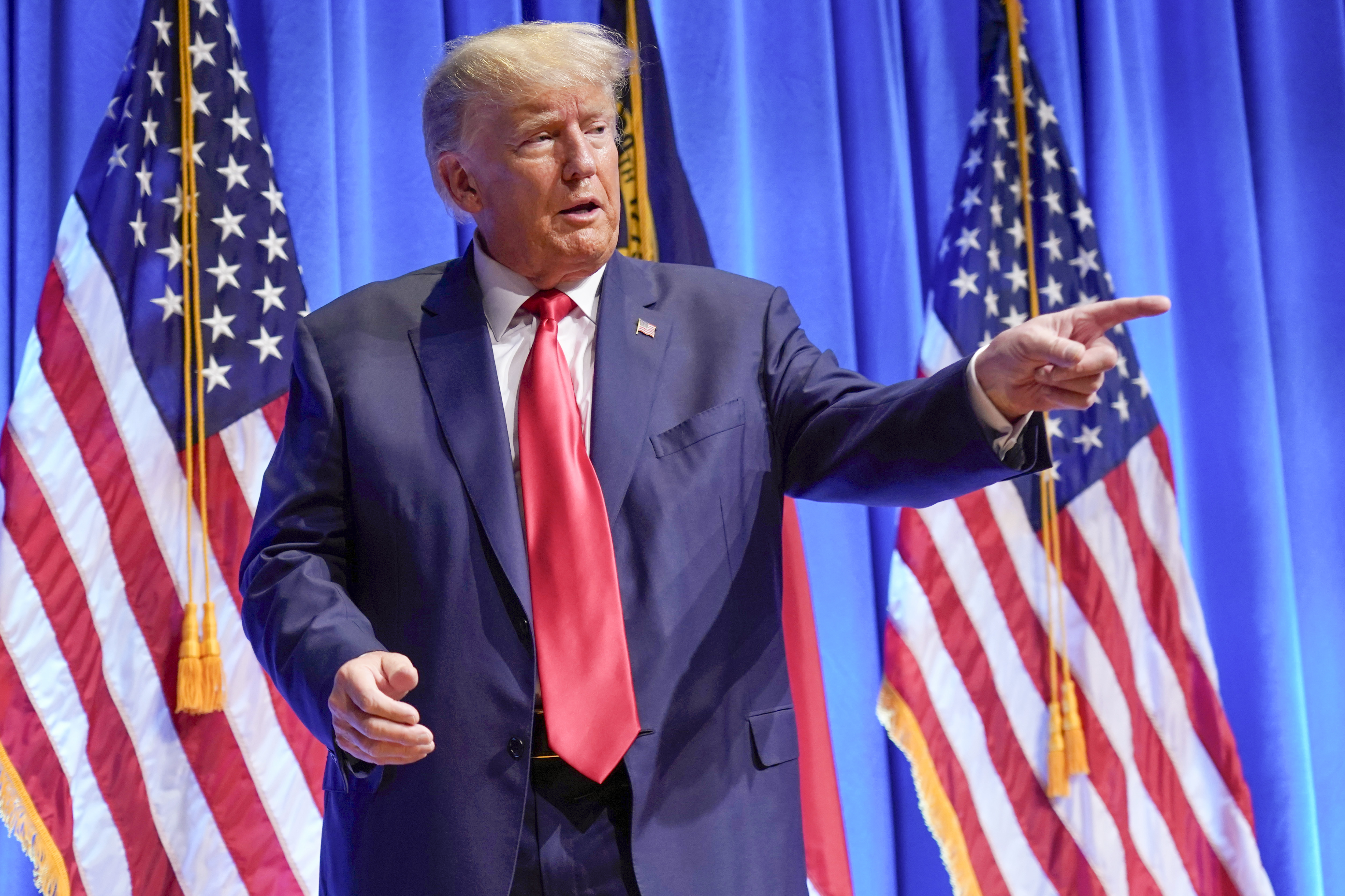 Former President Donald Trump gestures after speaking during the North Carolina Republican Party Convention in Greensboro. Photo / AP