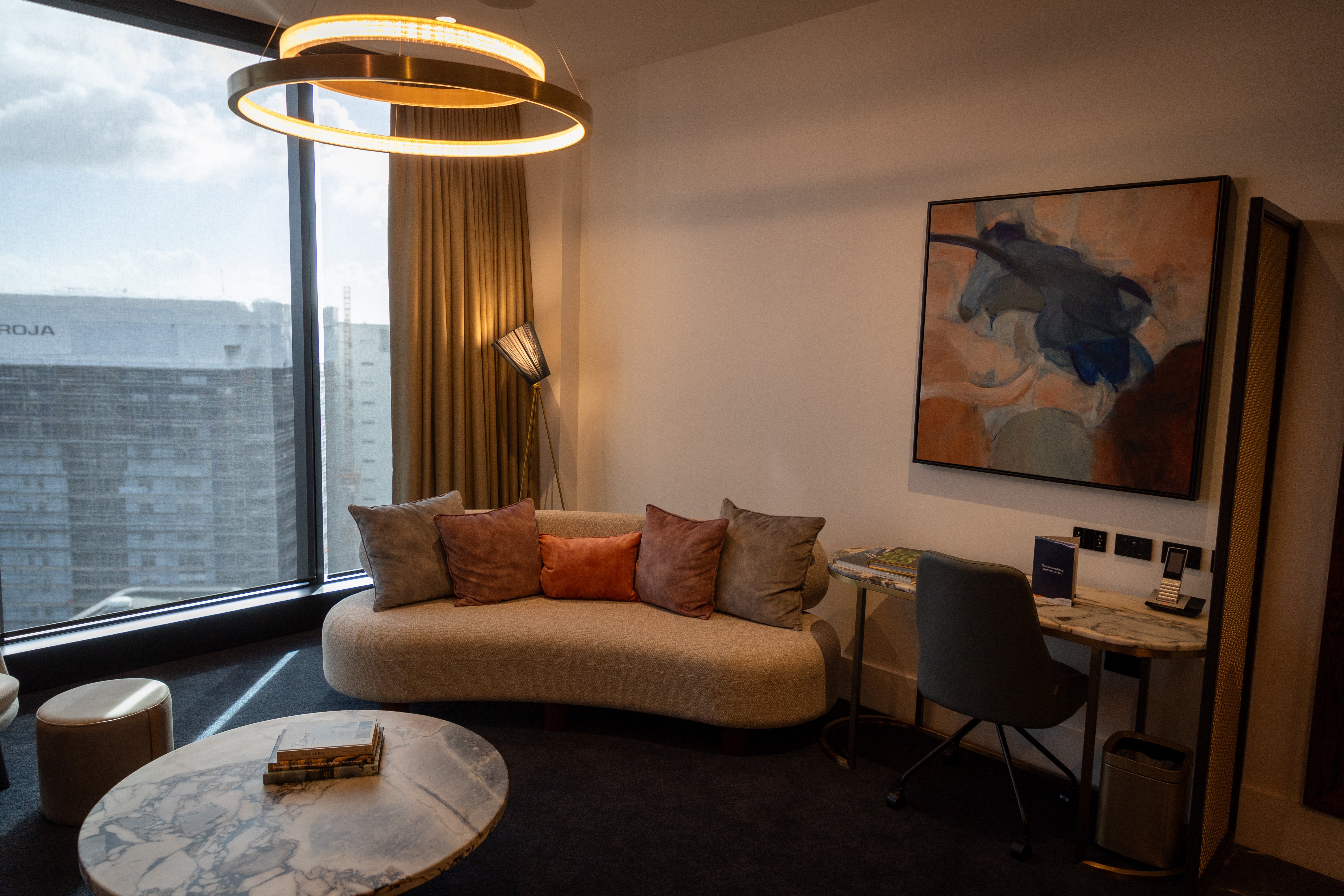 Lounge area in the Horizon Suite room 1201 at the new Horizon by SkyCity hotel in Auckland. Photo / Michael Craig