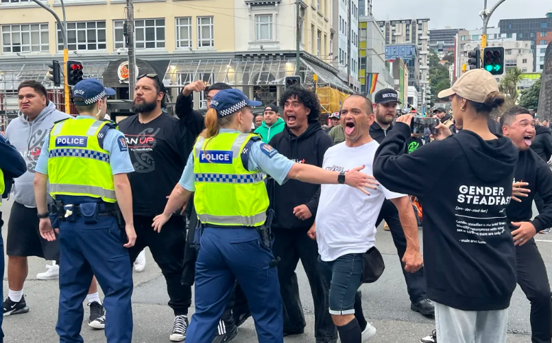 Man Up protesters sought to disrupt the Pride parade in Wellington tonight. Photo / RNZ