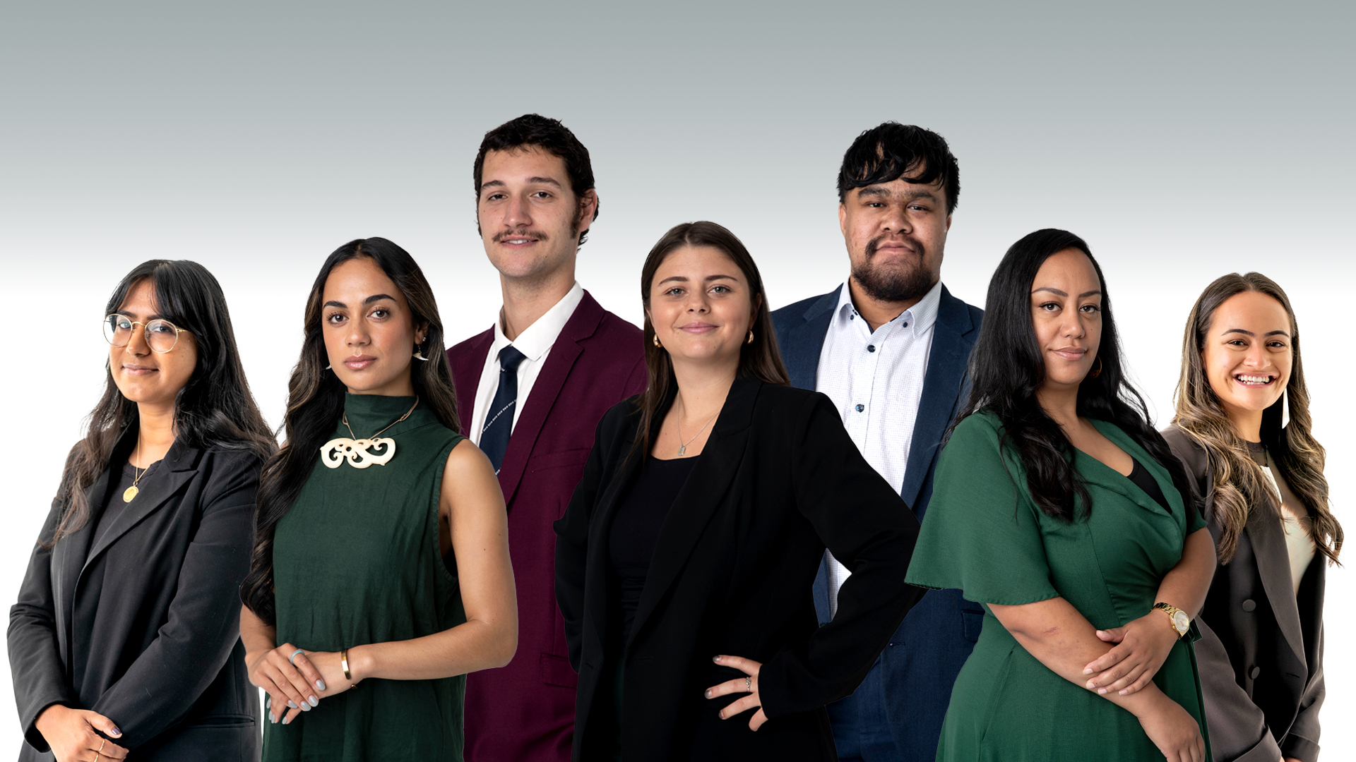 Te Rito graduates in NZME news teams (from left): Alka Prasad, business reporter; Kahumako Rameka, youth specialist reporter; Raphael Franks, live news reporter; Bonnie Jansen, sports reporter; Te Kakenga Kawiti-Bishari, news reporter Whanganui; Candice Luke, news reporter; Mihingarangi Satele, youth specialist reporter. Image / NZ Herald