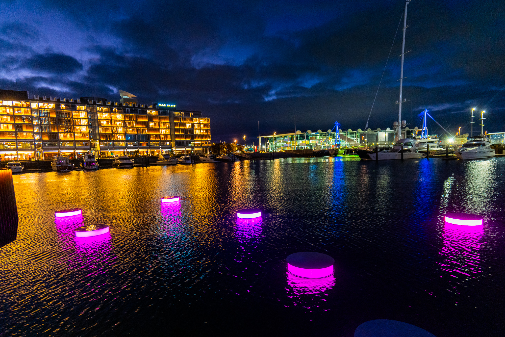 Auckland's Viaduct Harbour is home to a special light and sound display from creative director Tuhirangi Blair from July 7-23 in honour of Matariki. Photo / Bryan Lowe, Auckland Council