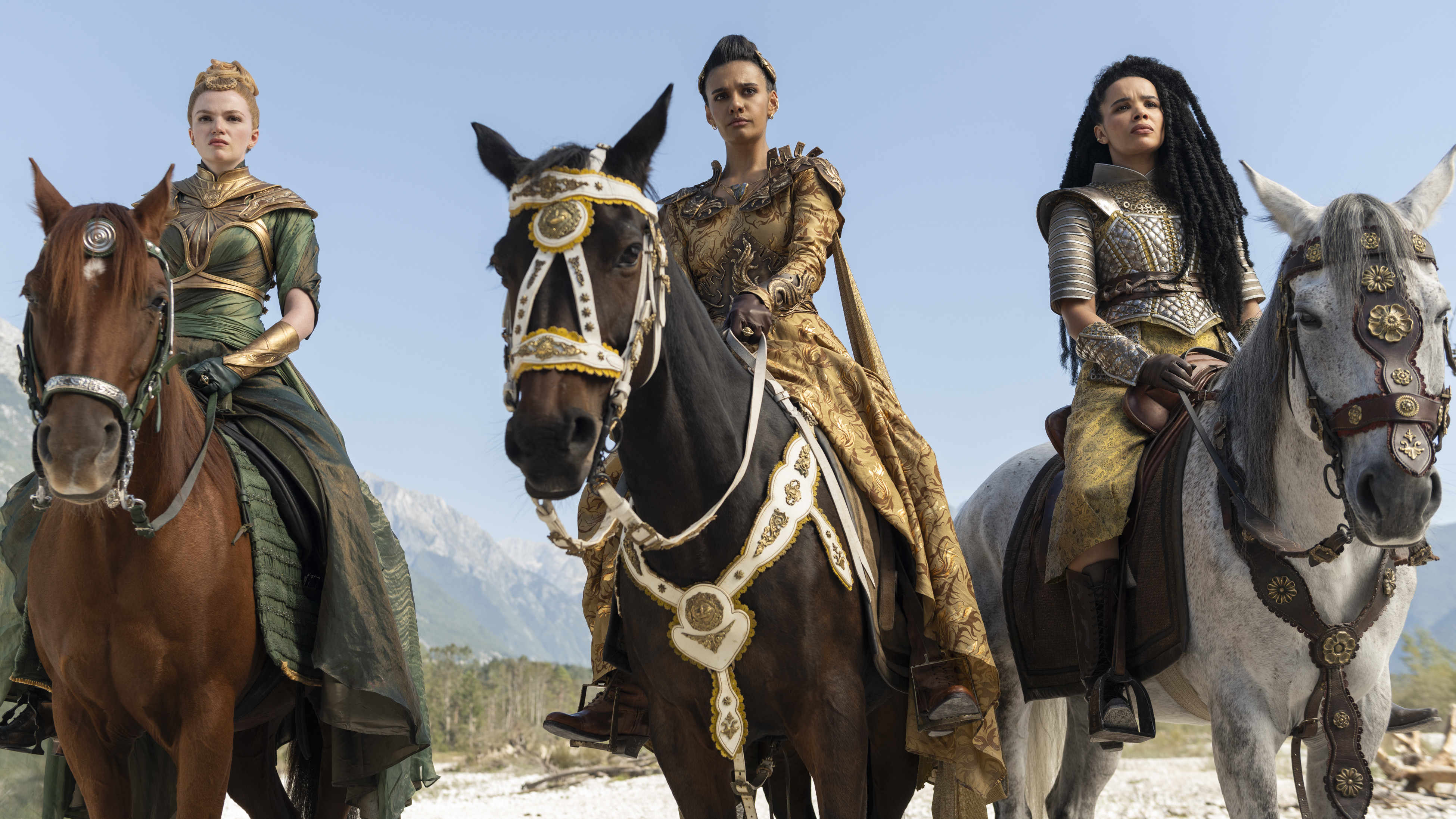 Actors (from left) Ceara Coveney, Madeleine Madden and Zoe Robins in The Wheel of Time. Photo / Prime Video