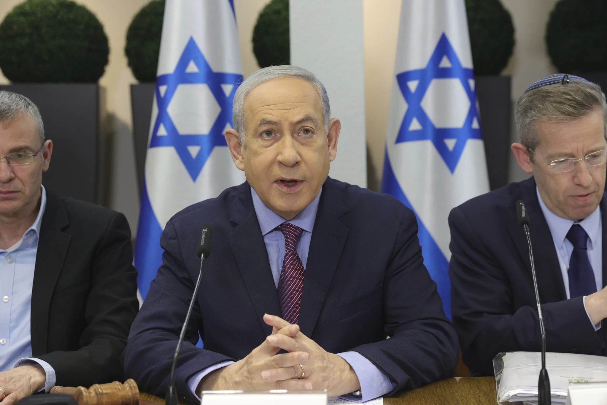 Israeli Prime Minister Benjamin Netanyahu attends the weekly cabinet meeting at the Kirya military base in Tel Aviv, Israel. Photo / AP