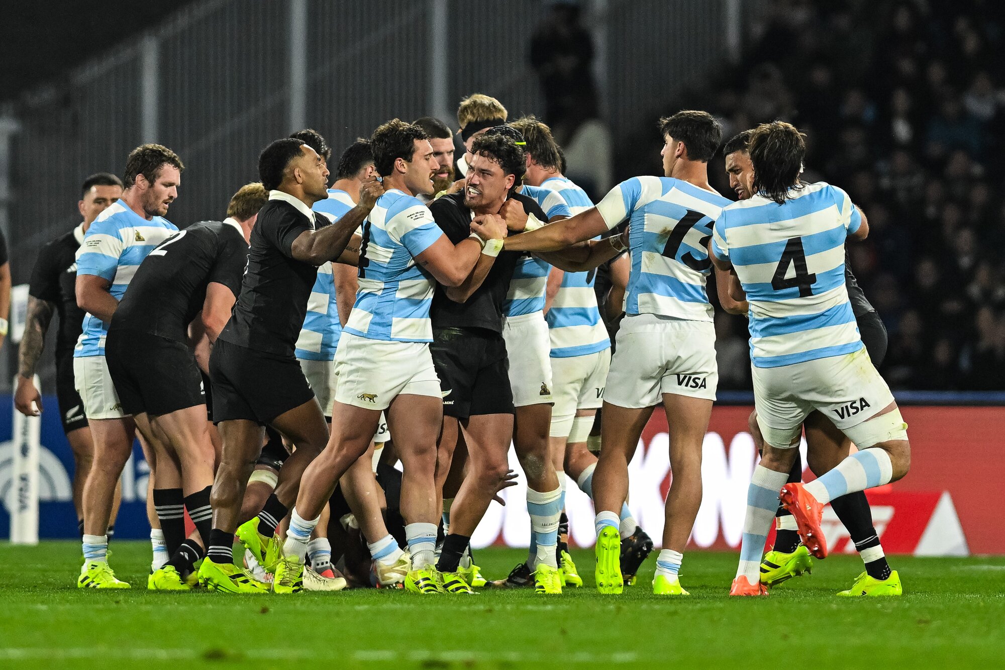 Argentina players tussle with the All Blacks in this morning's match. Photo / Photosport