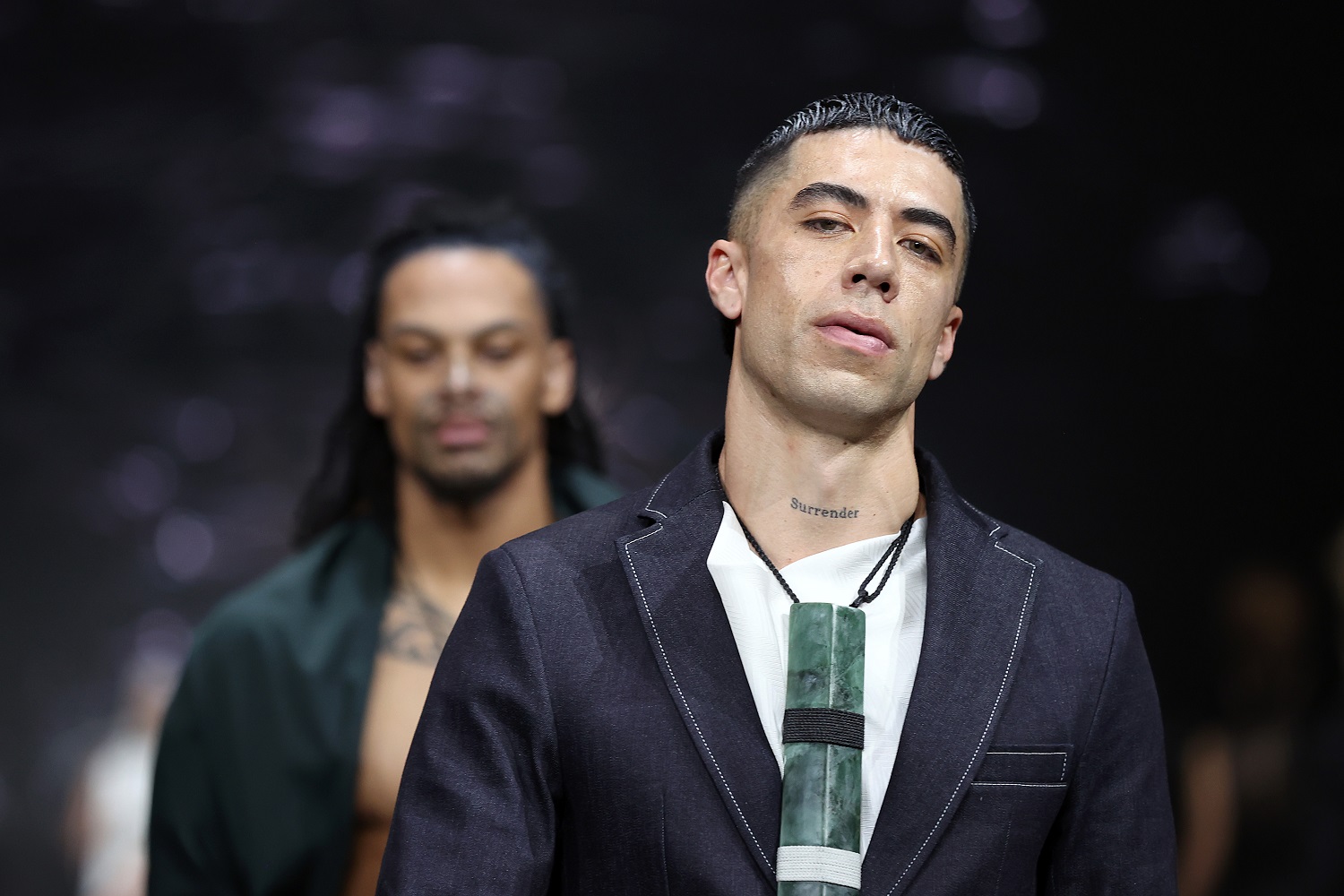 Viva cover star and musician Teeks walks the runway during the Kiri Nathan show at New Zealand Fashion Week: Kahuria. Photo / Getty Images