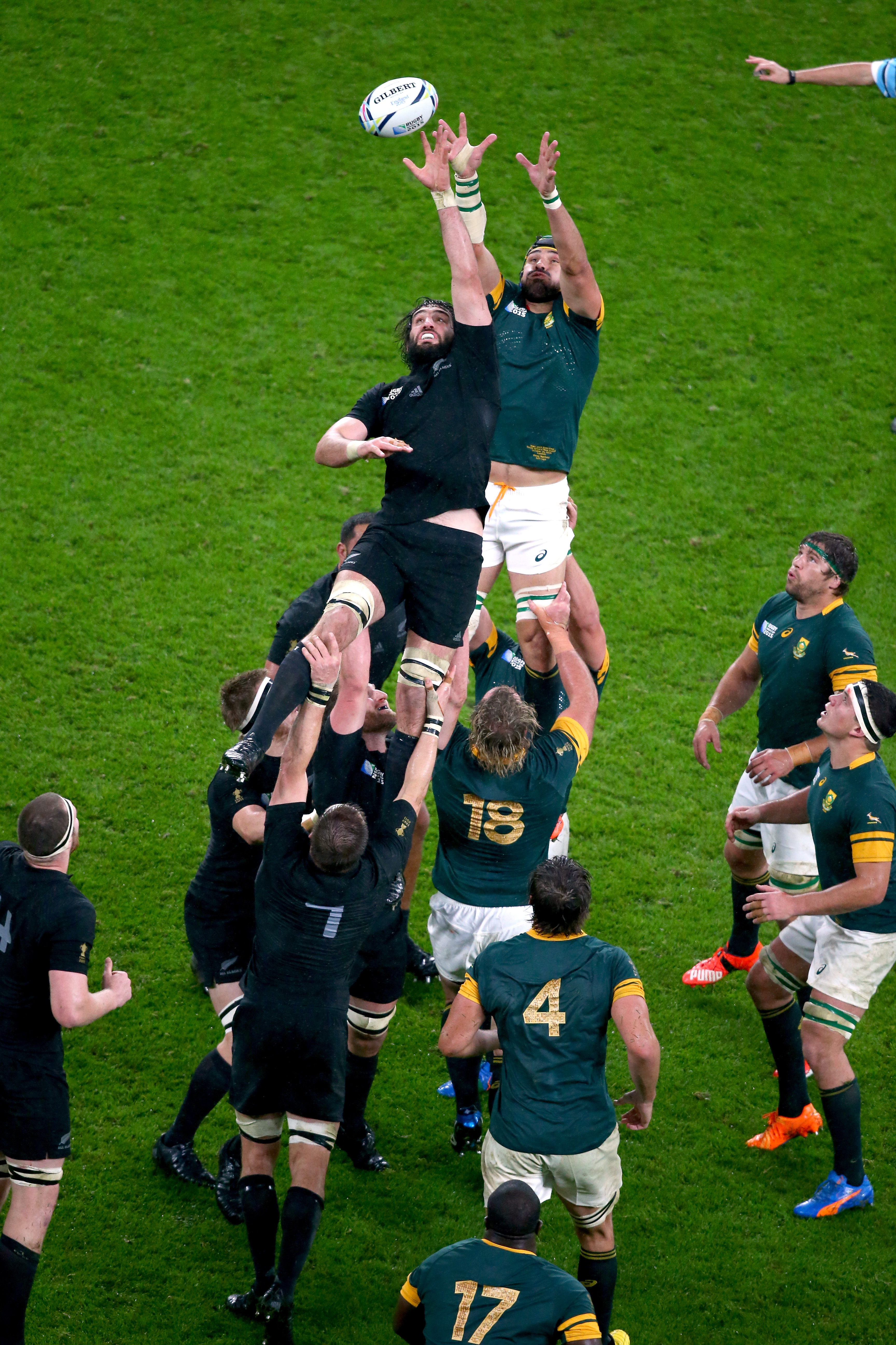 Sam Whitelock steals the lineout from Victor Matfield and South Africa during the 2015 World Cup semifinal. Photo / Getty Images