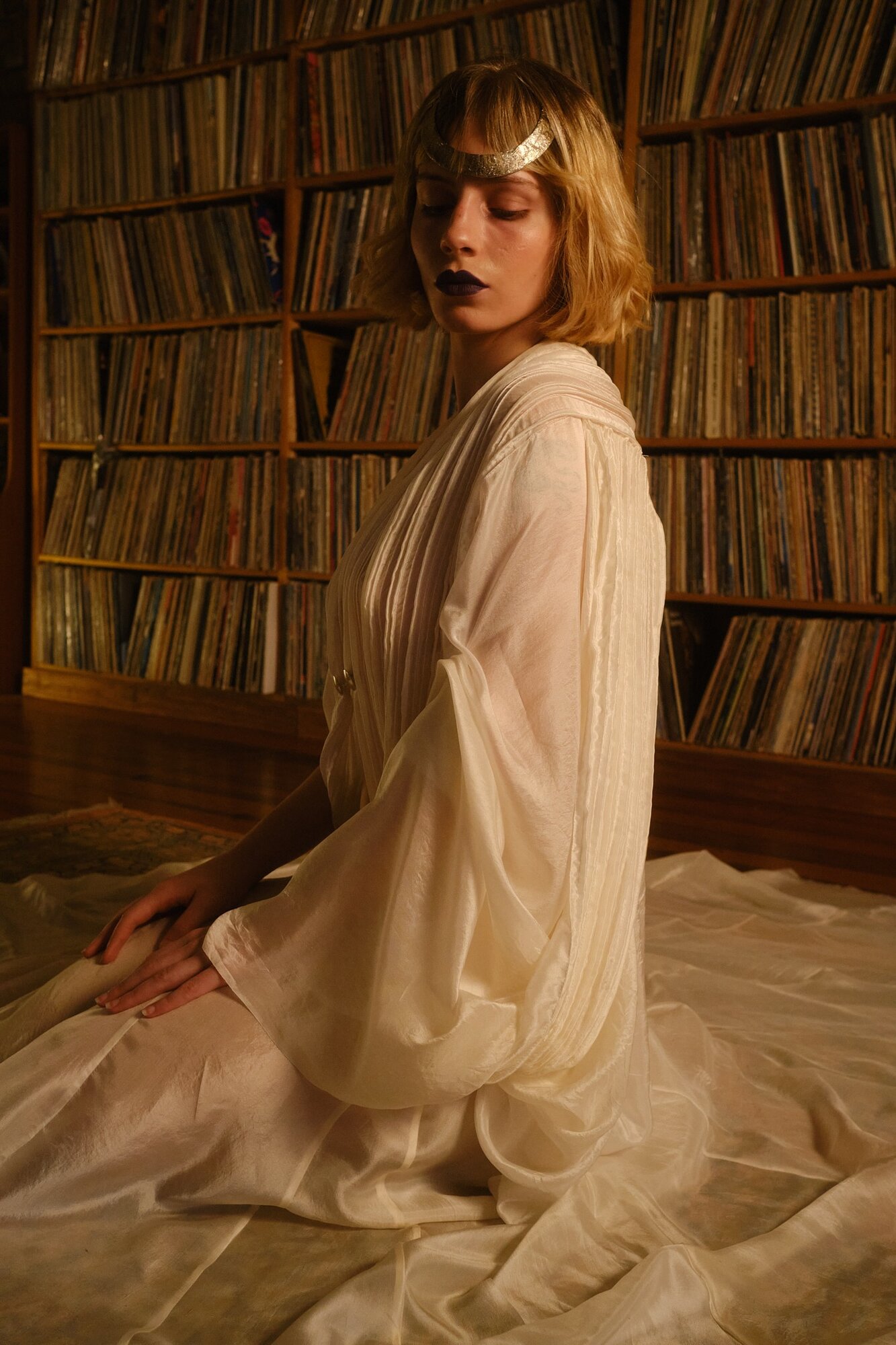 Chloe Pollard wears Giulia's graduate collection, with jewellery made in collaboration with Mika Toogood and makeup by Jessica MacRae. Photo / Jemimah Peacocke
