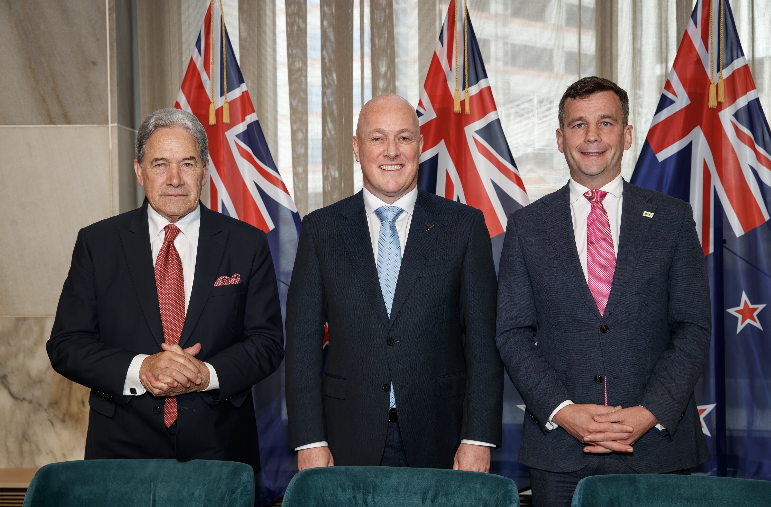 National leader Christopher Luxon, Act leader David Seymour, and NZ First leader Winston.  24 November 2023 New Zealand Herald photograph by Mark Mitchell