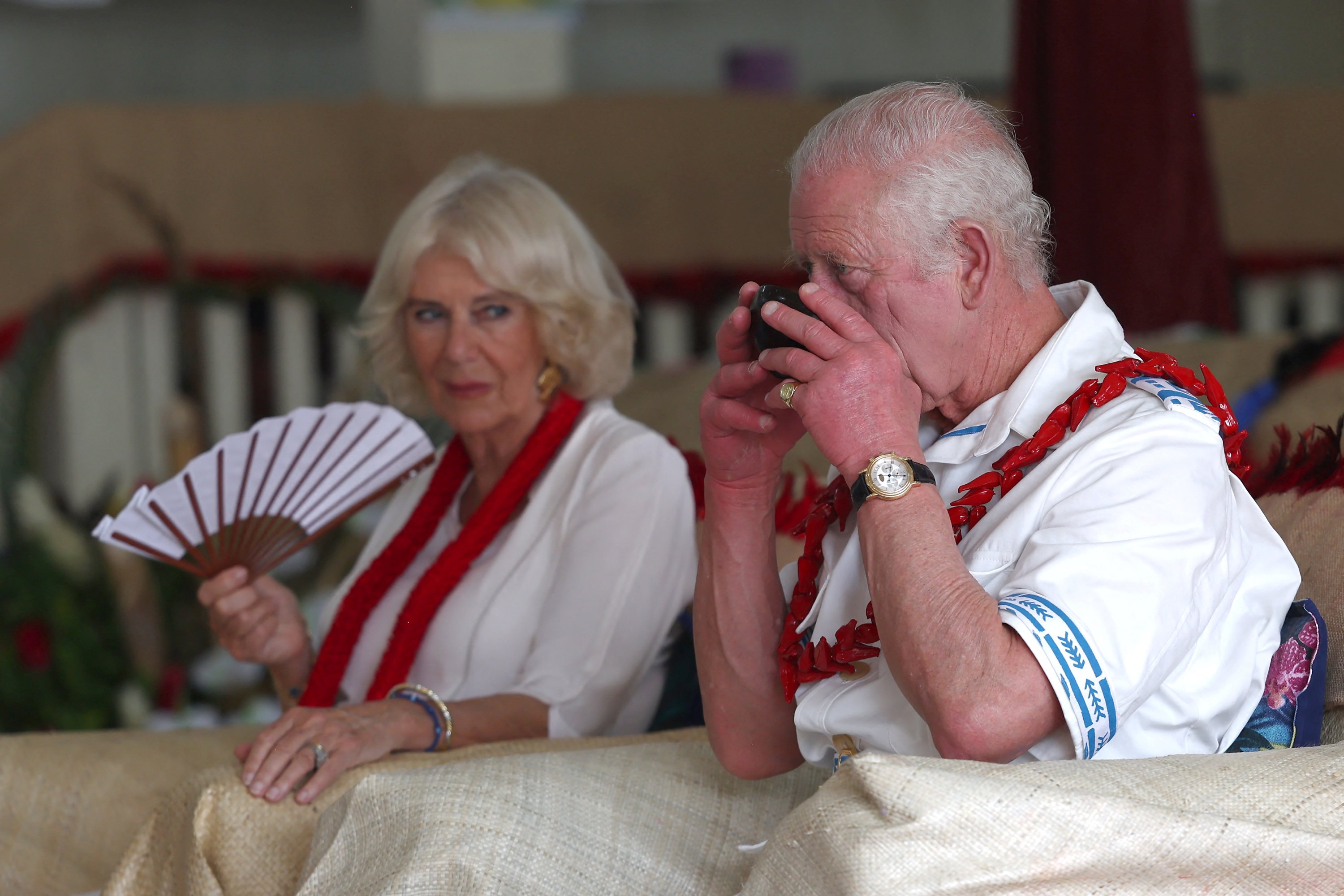 King Charles III sips ava as Queen Camilla looks on during an ava ceremony to welcome the royals to Samoa in October 2024. Photo / Manaui Faulalo