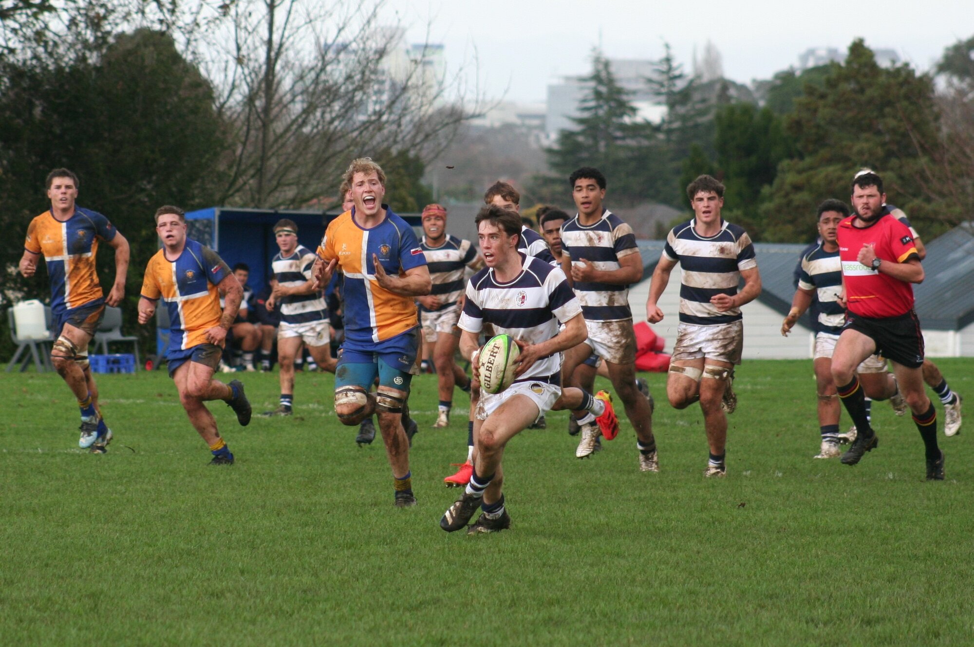 Palmerston North Boys' High School halfback Henry Speedy makes the break that led to his team's second try against St Johns College. Photo / Bruce Holloway