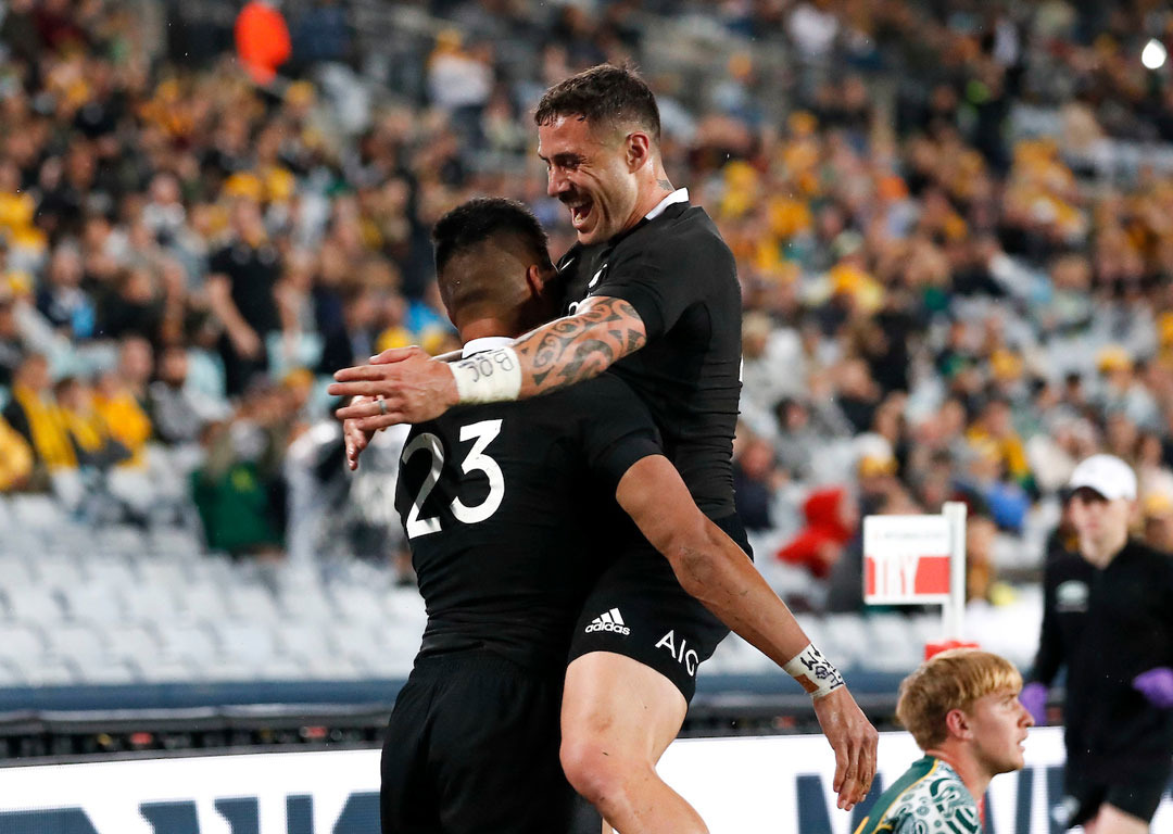 TJ Perenara celebrates with Rieko Ioane following a try in the third Bledisloe Cup test between the All Blacks and Wallabies. Photosport