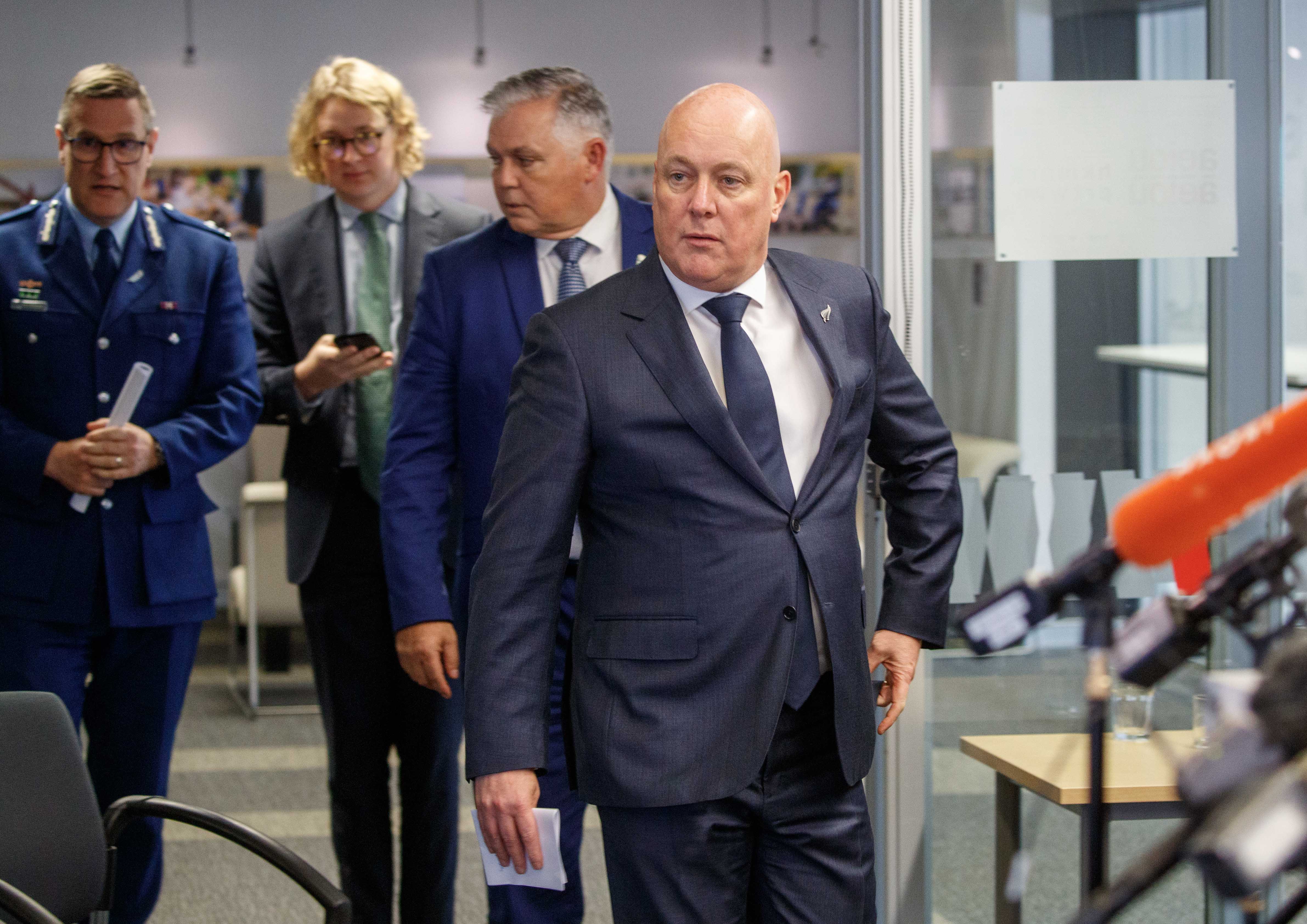 Prime Minister Christopher Luxon stressed his focus on outcomes while holding a press conference in Wellington after a briefing with police. Photo / Mark Mitchell