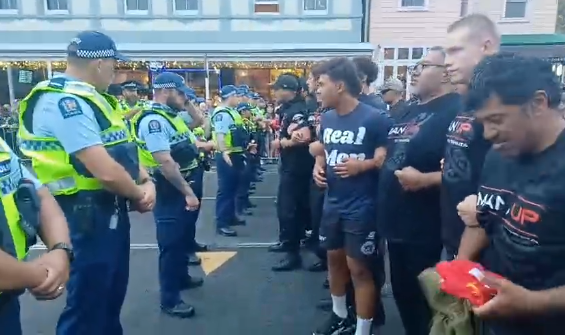 Destiny Church members broke through police barricades and disrupted the Auckland Rainbow Parade in Central Auckland on February 15, 2025. Image / Mana News Live