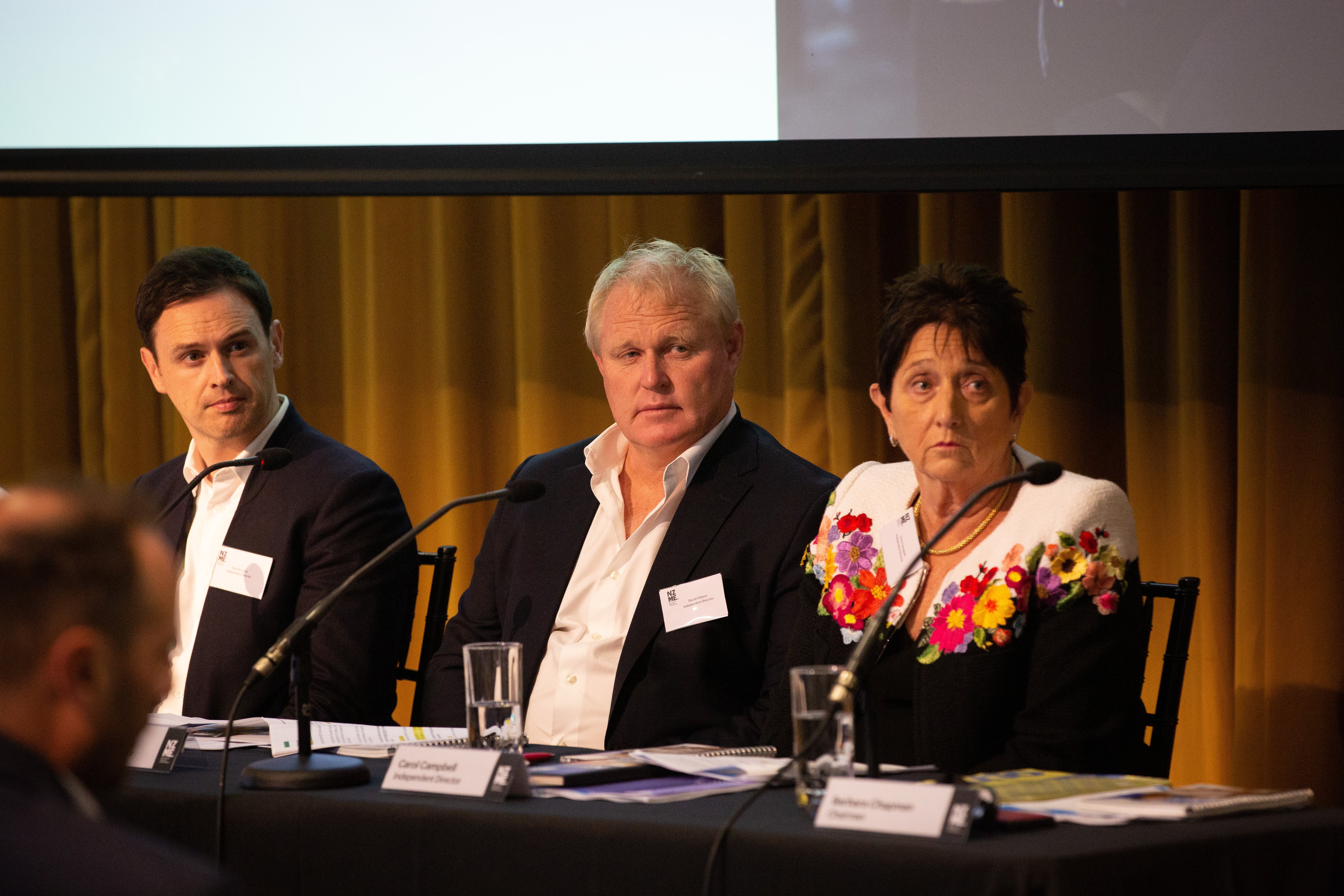 NZME board members at the annual shareholders meeting in 2024, from left Guy Horrocks, David Gibson and Carol Campbell. Photo / Sylvie Whinray
