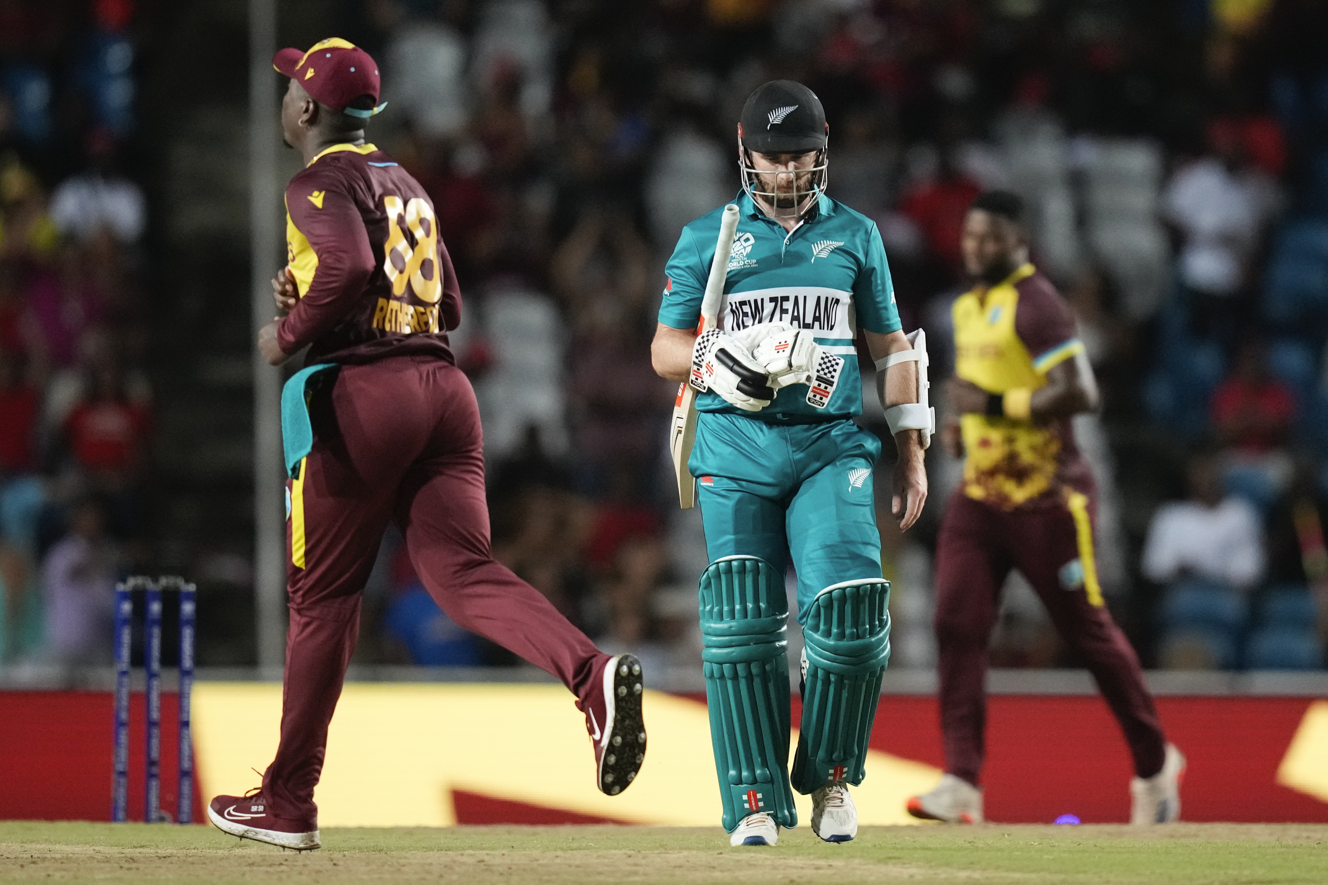 Kane Williamson leaves the field after his dismissal against the West Indies. Photo / AP