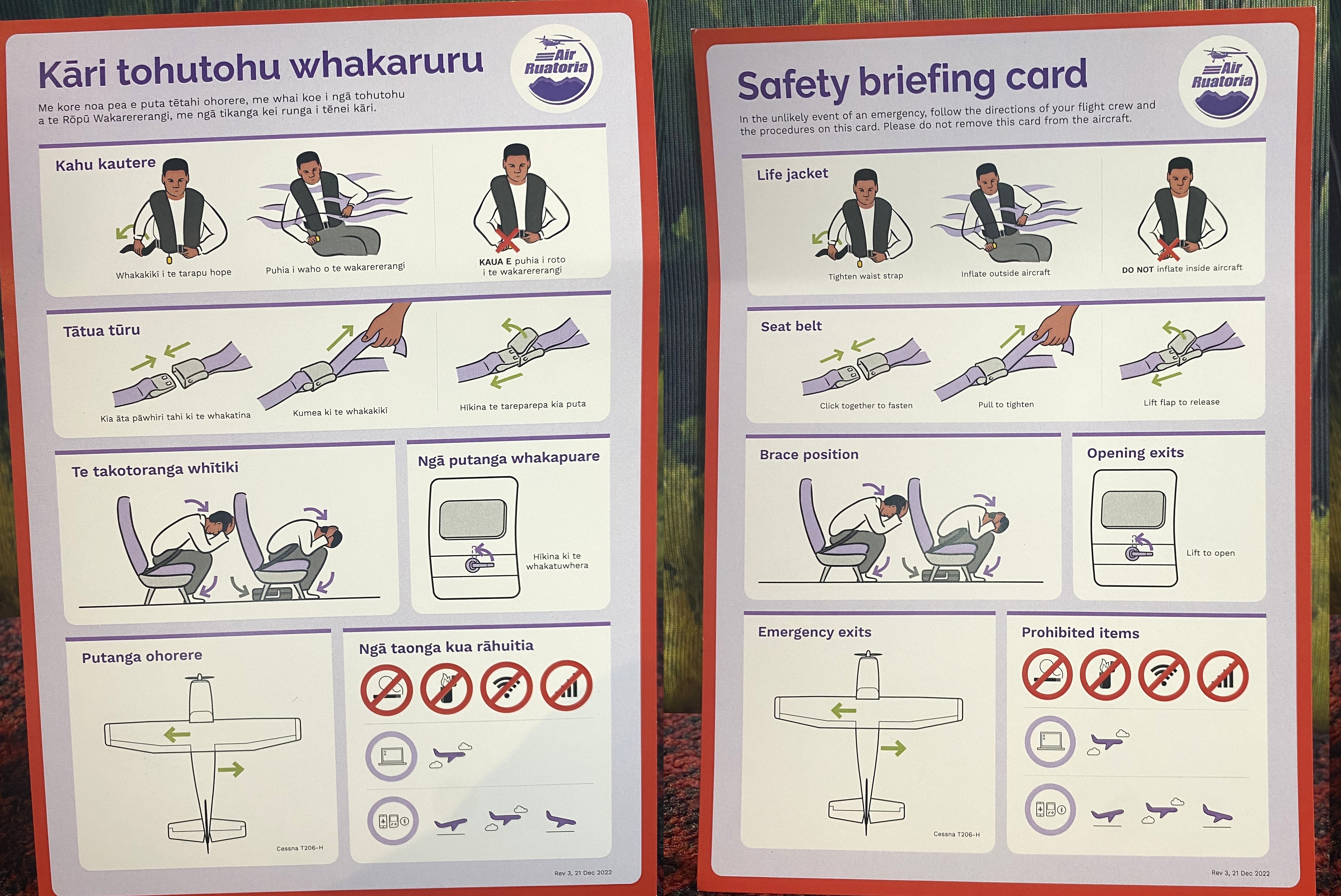 Air Ruatoria's bilingual safety briefing cards. Photo / John Weekes