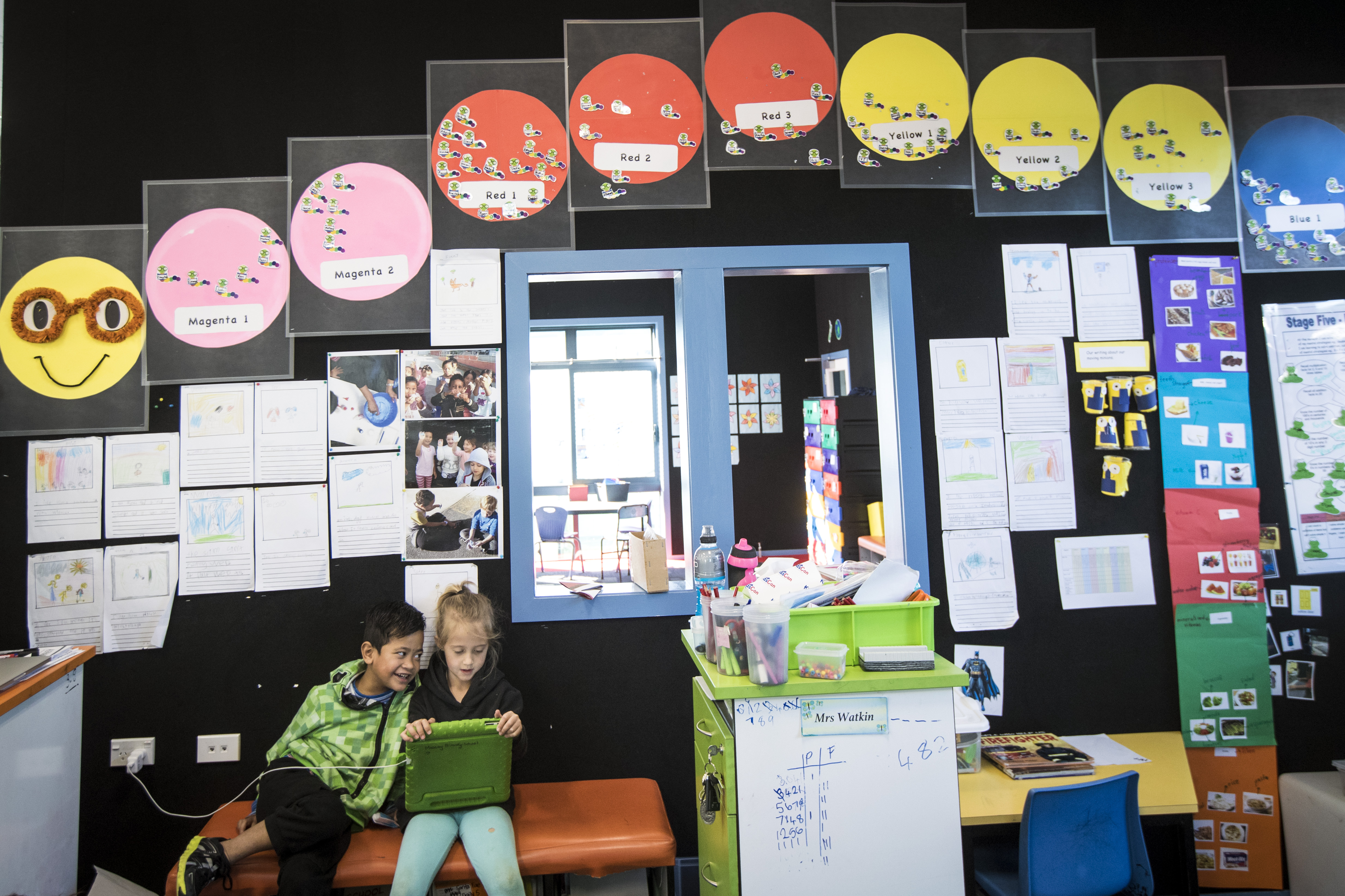 Massey Primary School students know their reading level from a colour-coded caterpillar on the classroom wall. Photo / Jason Oxenham.