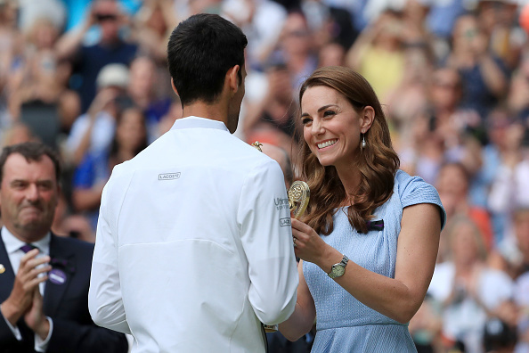 Catherine, Duchess of Cambridge presents the trophy to Novak Djokovic following his victory over Roger Federer. Photo / Getty Images