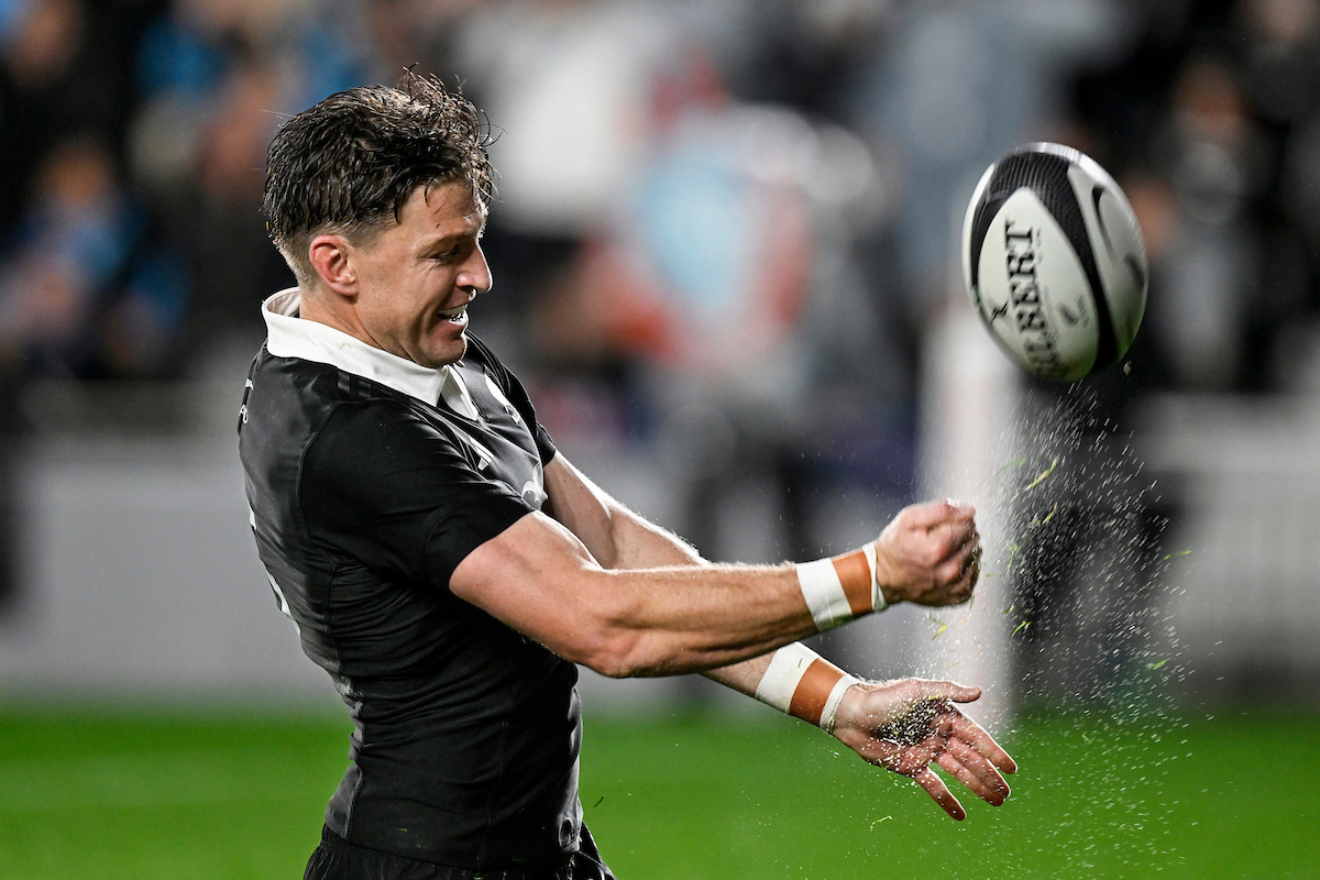 Beauden Barrett celebrates after scoring a try in the Rugby Championship win over Argentina. Photo / Photosport