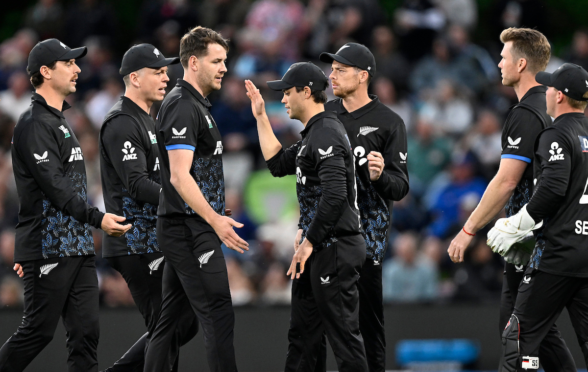 The Black Caps celebrate a wicket in the first T20 against England. Photo / Photosport