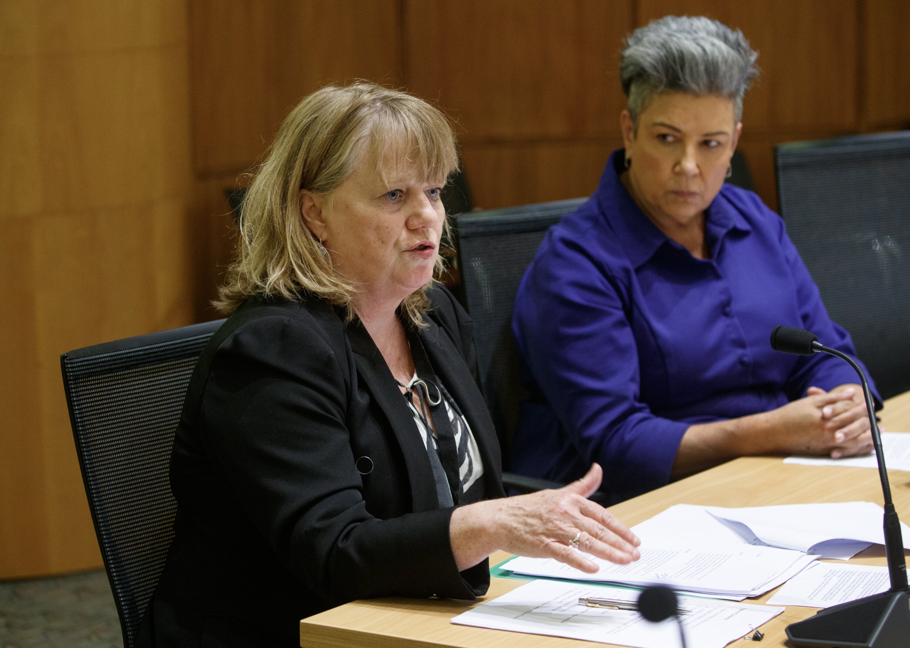 Pharmac chief executive Sarah Fitt (left) and chairwoman Paula Bennett answer questions from MPs. Photo / Mark Mitchell




