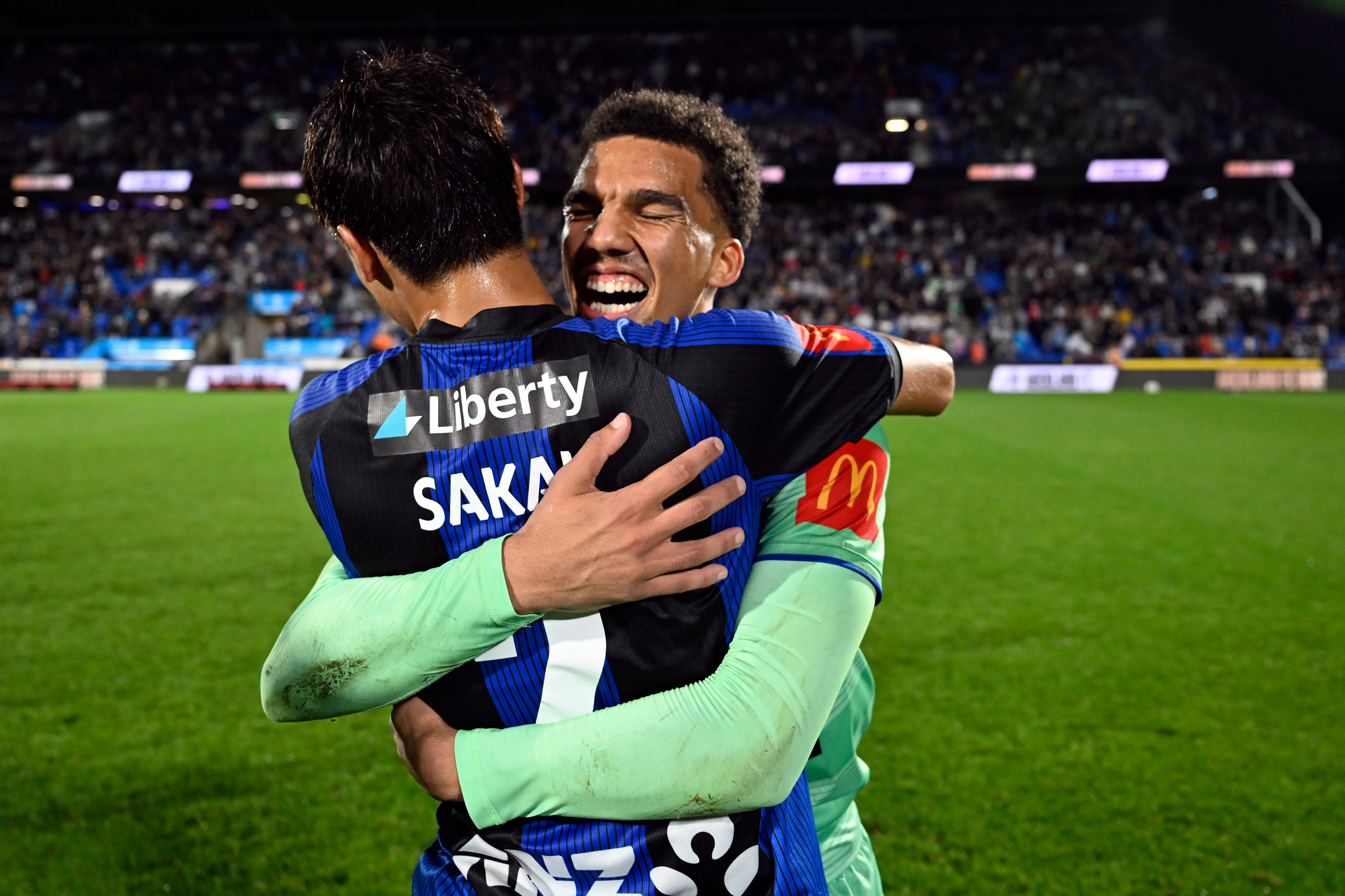 Hiroki Sakai (left) and Alex Paulsen celebrate Auckland FC winning the A-League Premier's Plate. Photo / Andrew Cornaga / Photosport