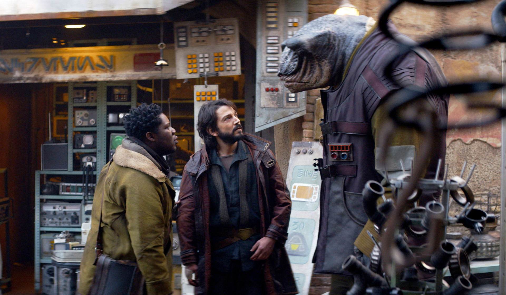 Raymond Anum, Diego Luna and Ian Whyte as Vetch, in a scene from Star Wars series Andor.