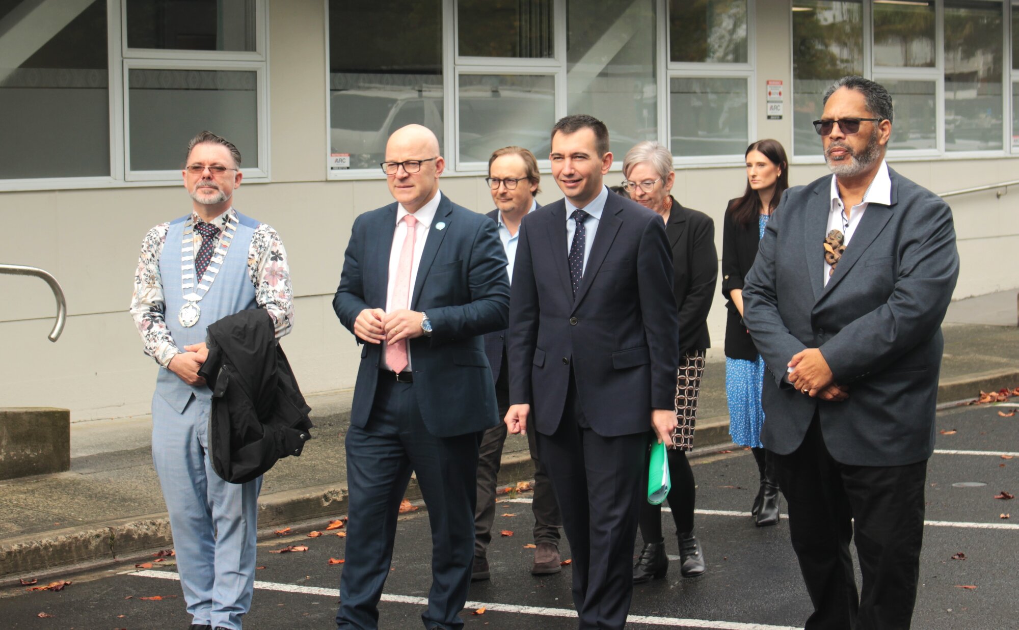 Whangārei District Mayor Vince Cocurullo (left), Mental Health Minister Matt Doocey, Health Minister Simeon Brown and Health NZ pou takawaenga (Māori health lead) Malcolm Robson attend the opening of Manaia House on Friday. Photo / Denise Piper