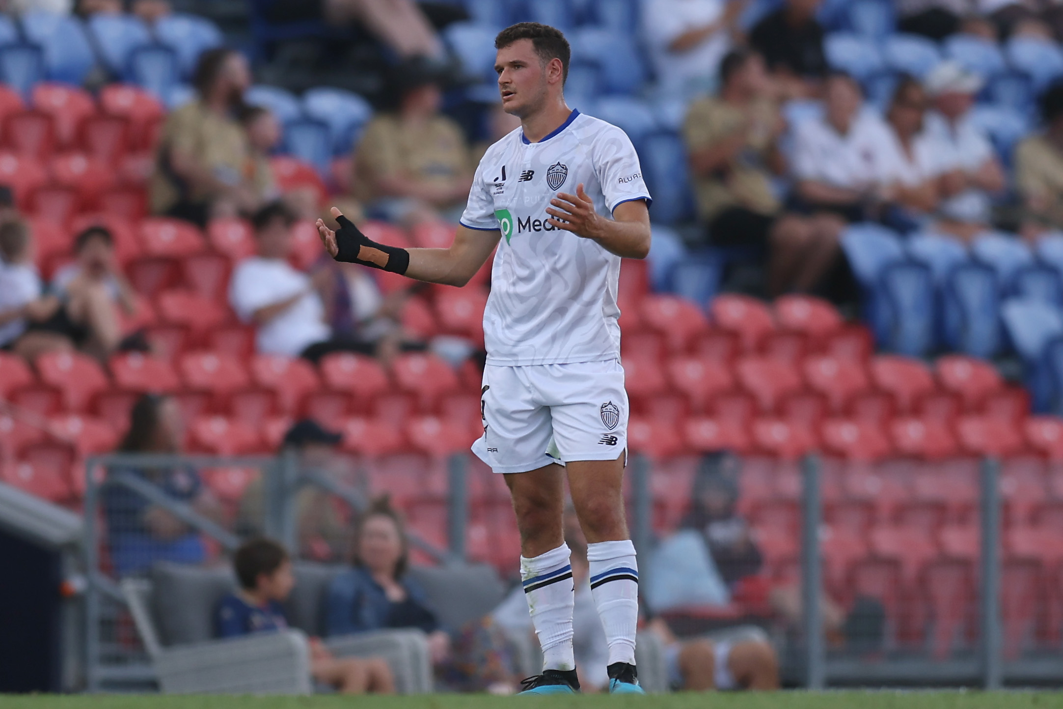 Louis Verstraete of Auckland FC reacts to a red card during the round 22 A-League Men match between Newcastle Jets and Auckland FC at McDonald Jones Stadium. Photo / Getty Images