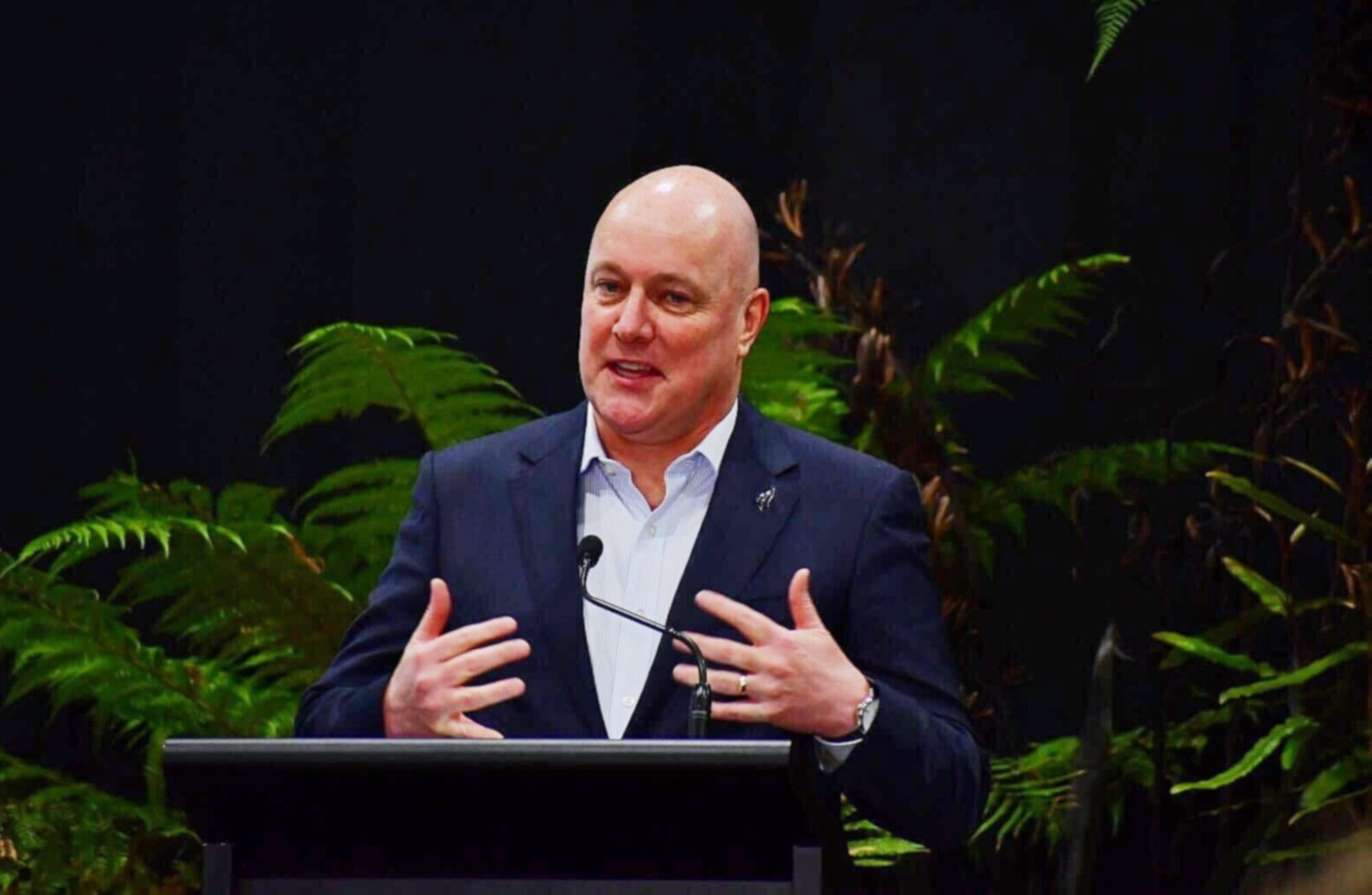  Prime Minister Christopher Luxon speaks at tourism trade event TRENZ at Rotorua's Energy Events Centre on Wednesday.  Photo / Laura Smith