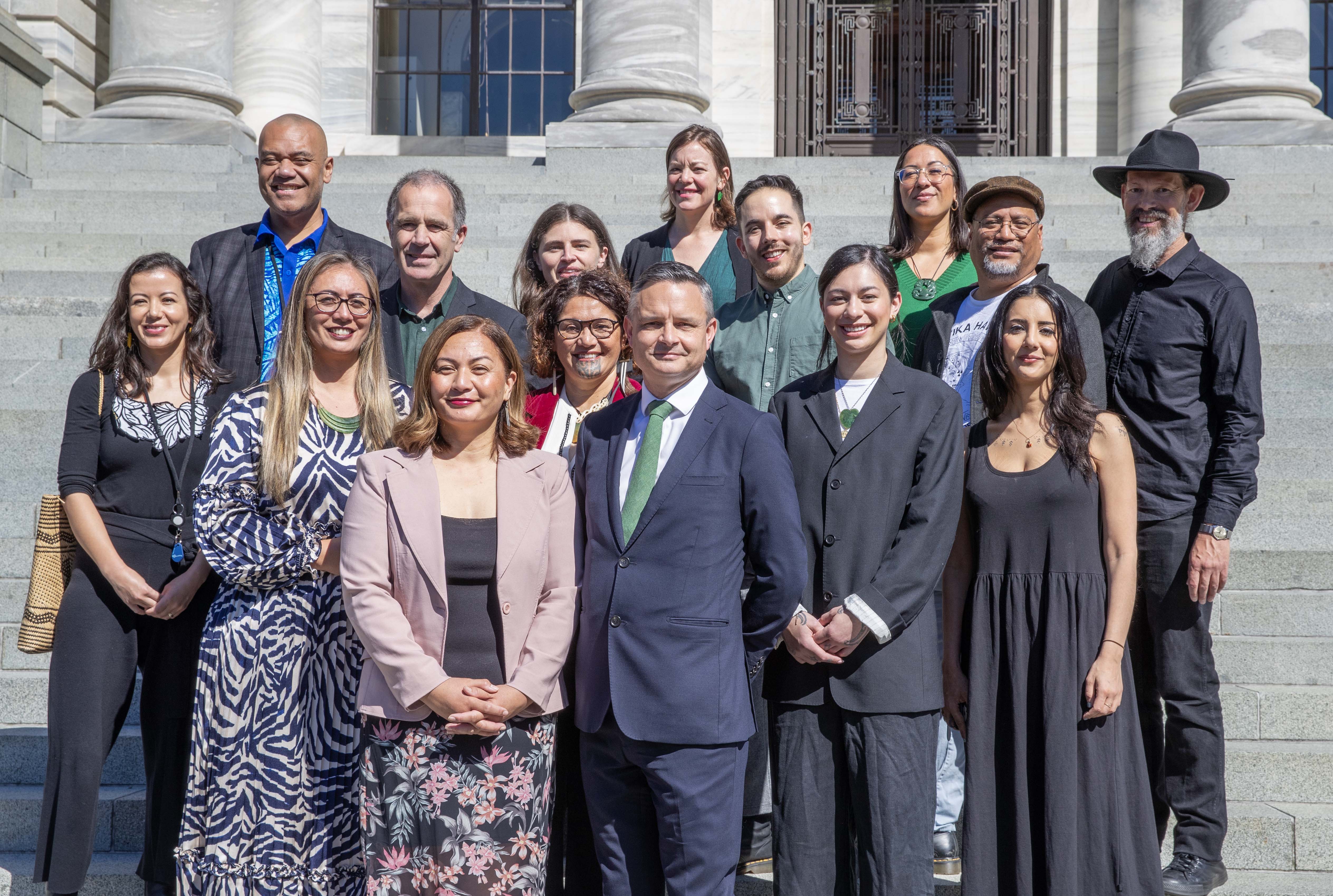Efeso Collins (back row, second from left) pictured with Greens co-leaders Marama Davidson and James Shaw (front) and fellow caucus members after the party earned 15 MPs at last year's election. Photo / Mark Mitchell