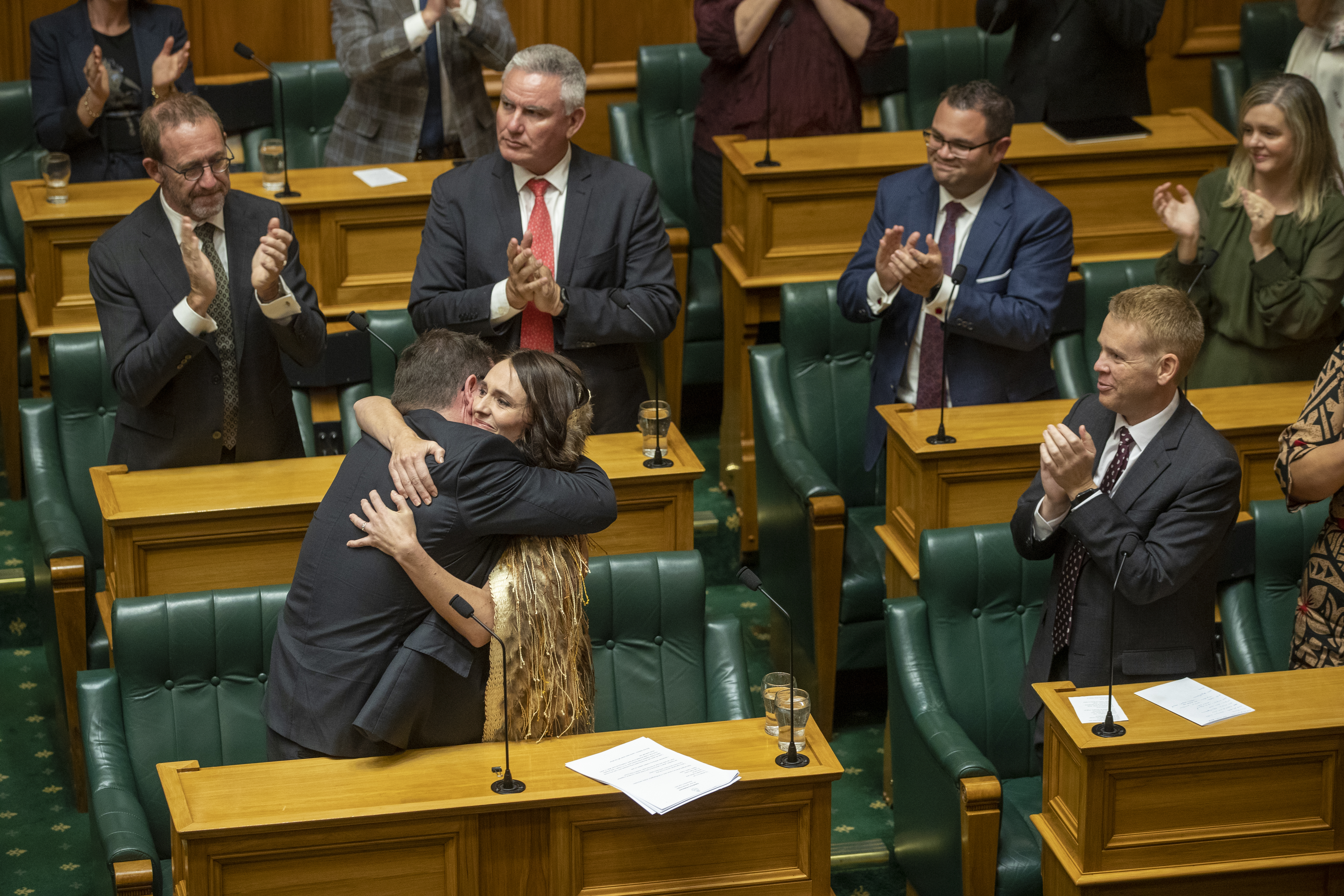 Deputy Prime Grant Robertson hugging former Prime Minister Jacinda Ardern after her valedictory speech. Photo / Mark Mitchell