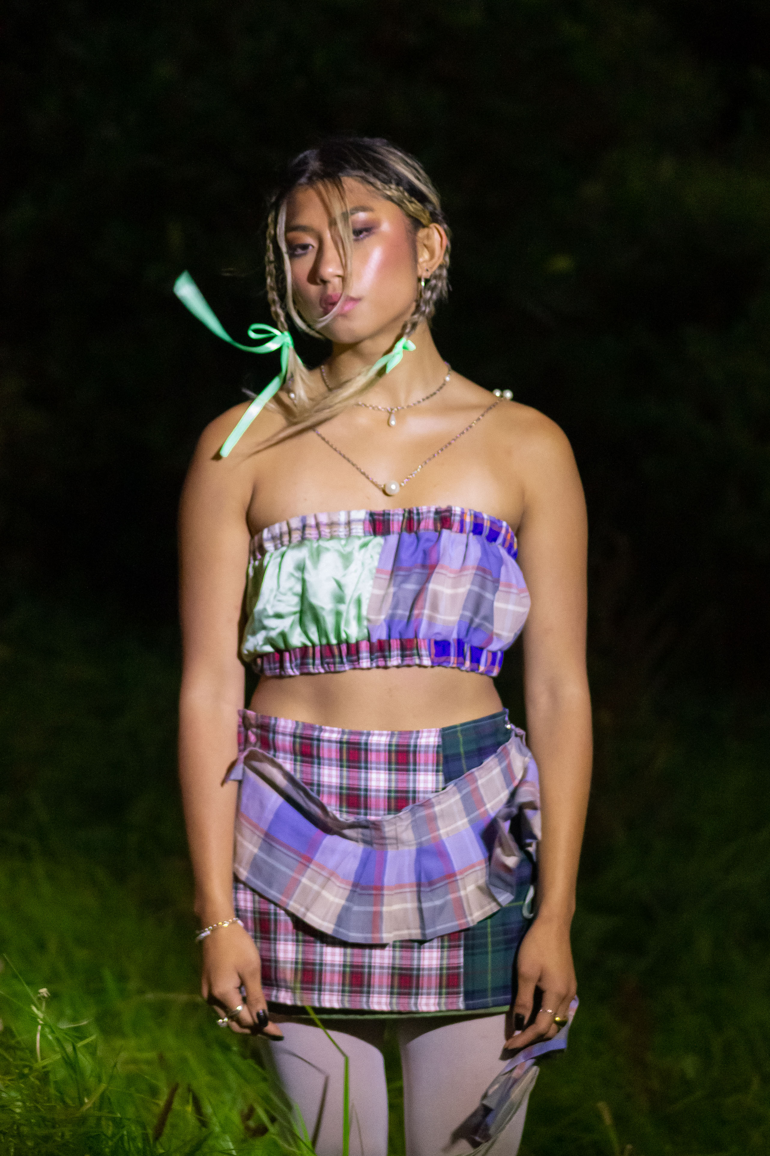A model dressed in one of Laurence Sabrine’s plaid pieces. Photo / Jas Sabrine