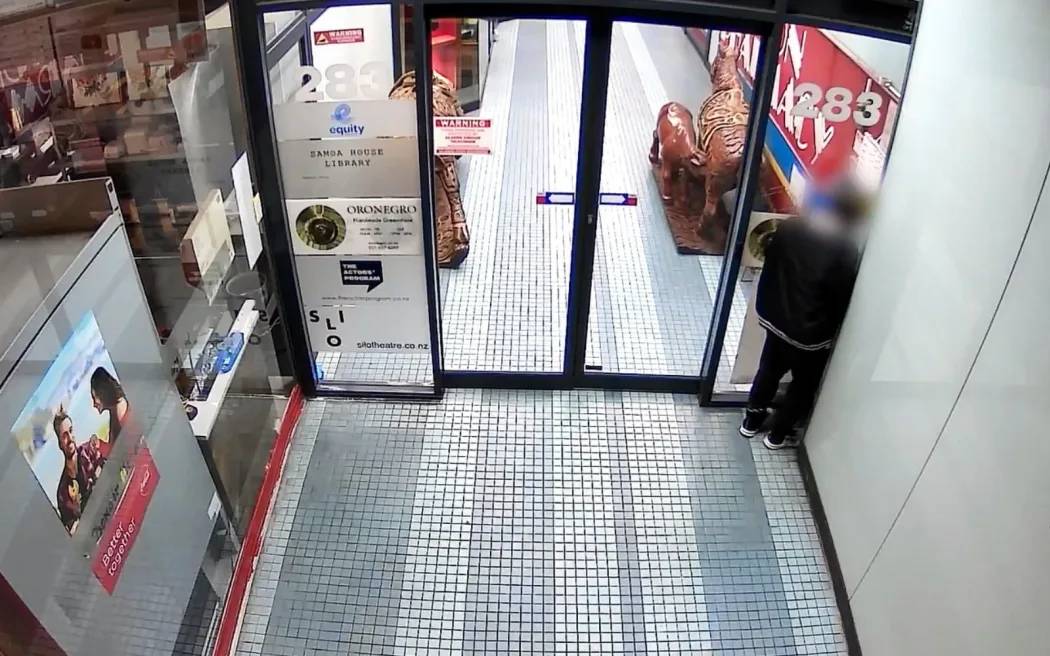 A person caught on CCTV camera urinating outside Orenegro on Karangahape Rd, Auckland. Photo / RNZ Checkpoint