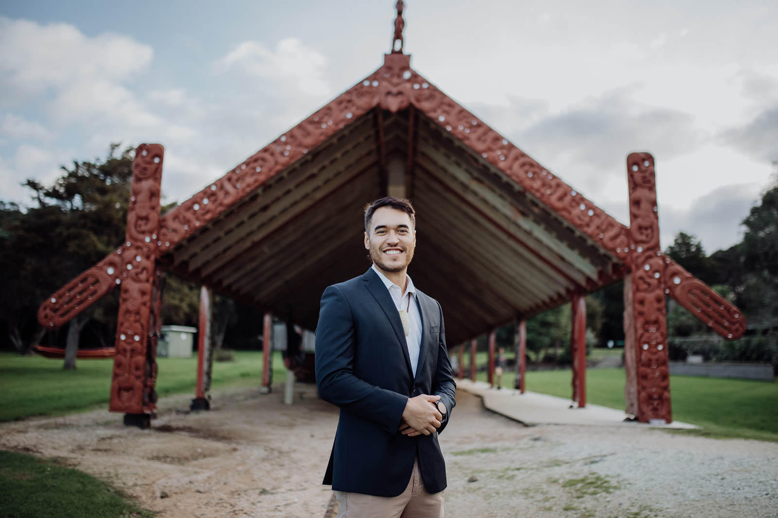 Far North Mayor Moko Tepania with Ngātokimatawhaorua at Waitangi Treaty grounds Photo / Tipoki Photography