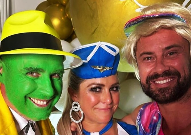 Broadcasters Jason Reeves, Toni Street and Sam Wallace in 90s-themed costumes for Street's 40th birthday party. Photo / @jase_reeves