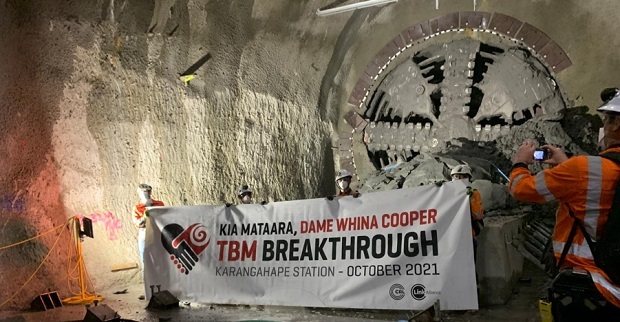 The Tunnel boring Machine known as Dame Whina Cooper breaks through at Karangahape Station. Photo / Supplied