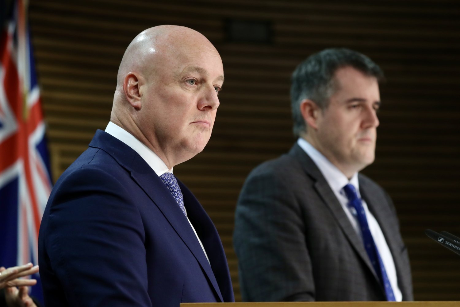 Prime Minister Christopher Luxon and Housing Minister Chris Bishop make an announcement about Kāinga Ora at the post-Cabinet press conference at Parliament in Wellington. May 20, 2024. Photo / Mark Mitchell