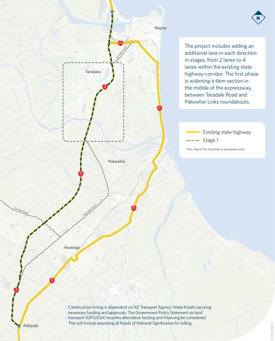 An NZTA graphic about the proposed Hawke's Bay Expressway upgrade (black dotted line). Photo / NZTA