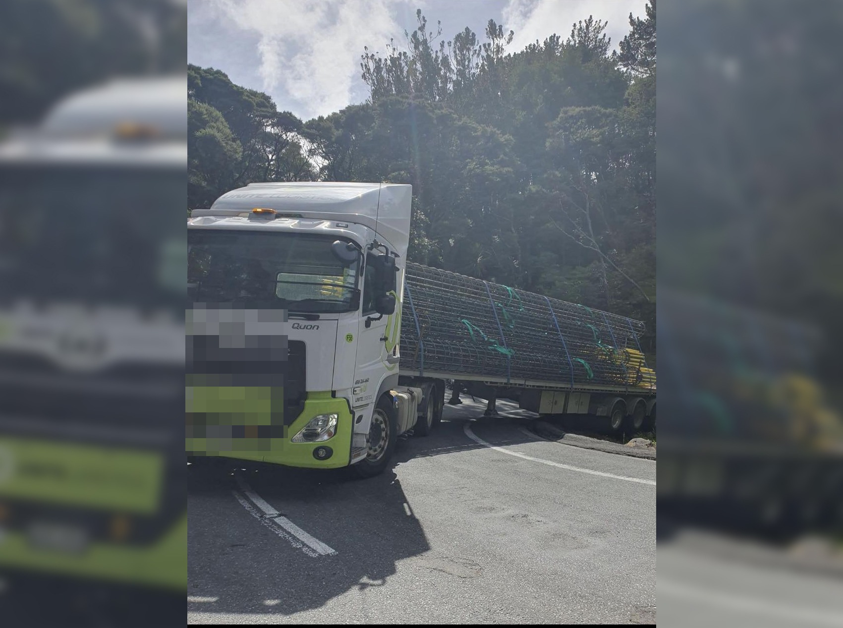 This truck got stuck on Cove Rd, Mangawhai, blocking both lanes last week. Authorities are yet to take action towards the truck company.
