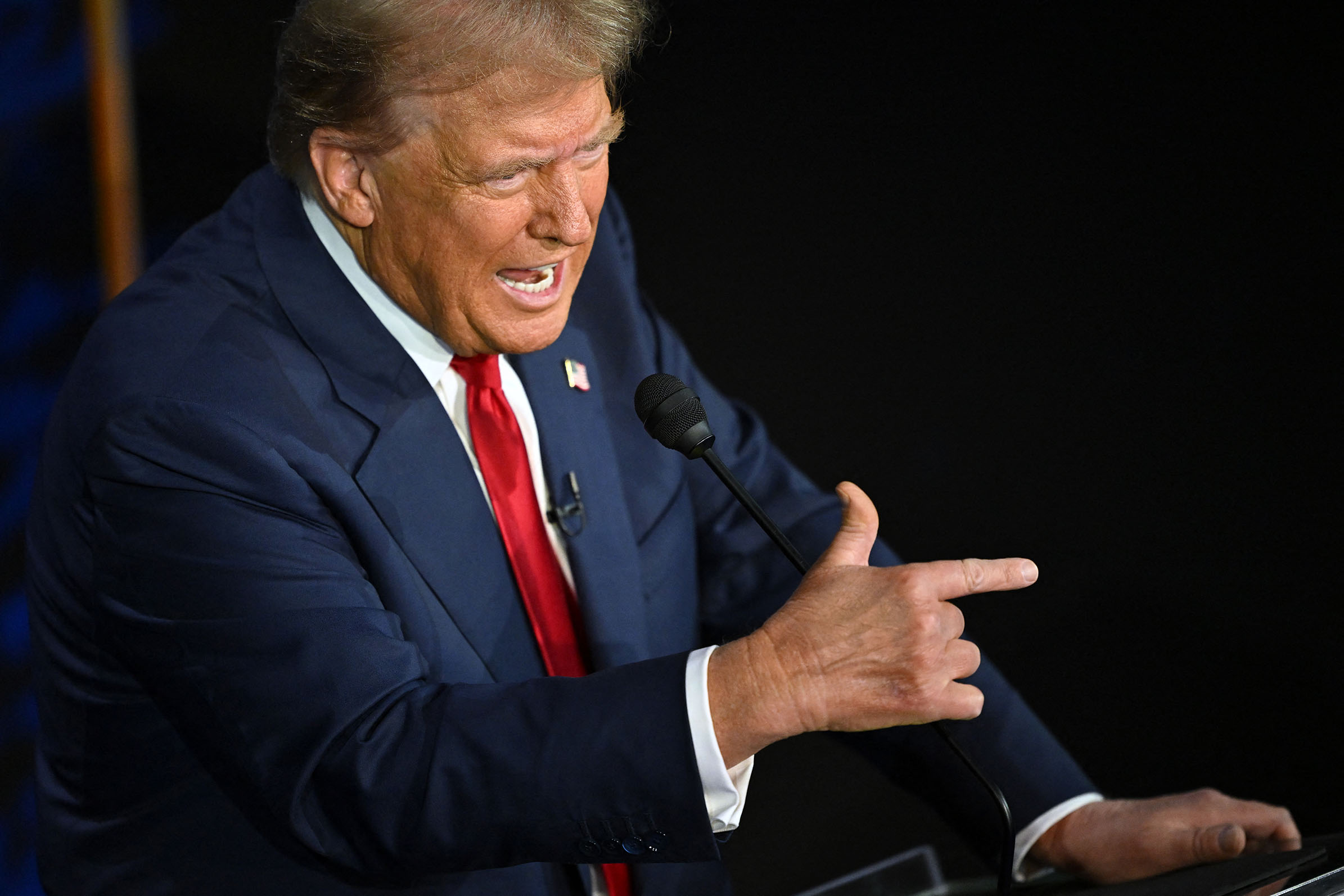 Former US President and Republican presidential candidate Donald Trump speaks during a presidential debate with US Vice President and Democratic presidential candidate Kamala Harris at the National Constitution Center in Philadelphia, Pennsylvania, on September 10, 2024. (Photo by SAUL LOEB / AFP)