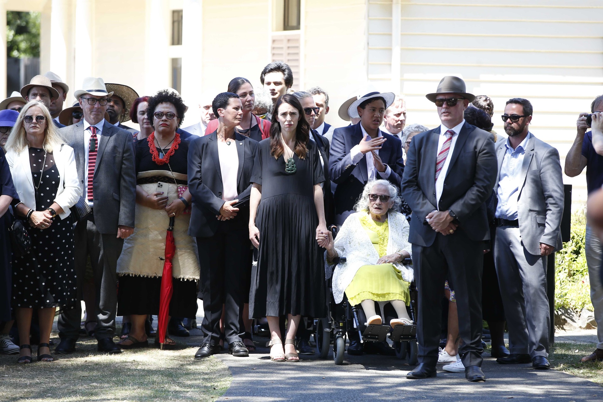 Prime Minister Jacinda Ardern and other dignitaries at the Upper Marae at Waitangi. Photo / Michael Cunningham