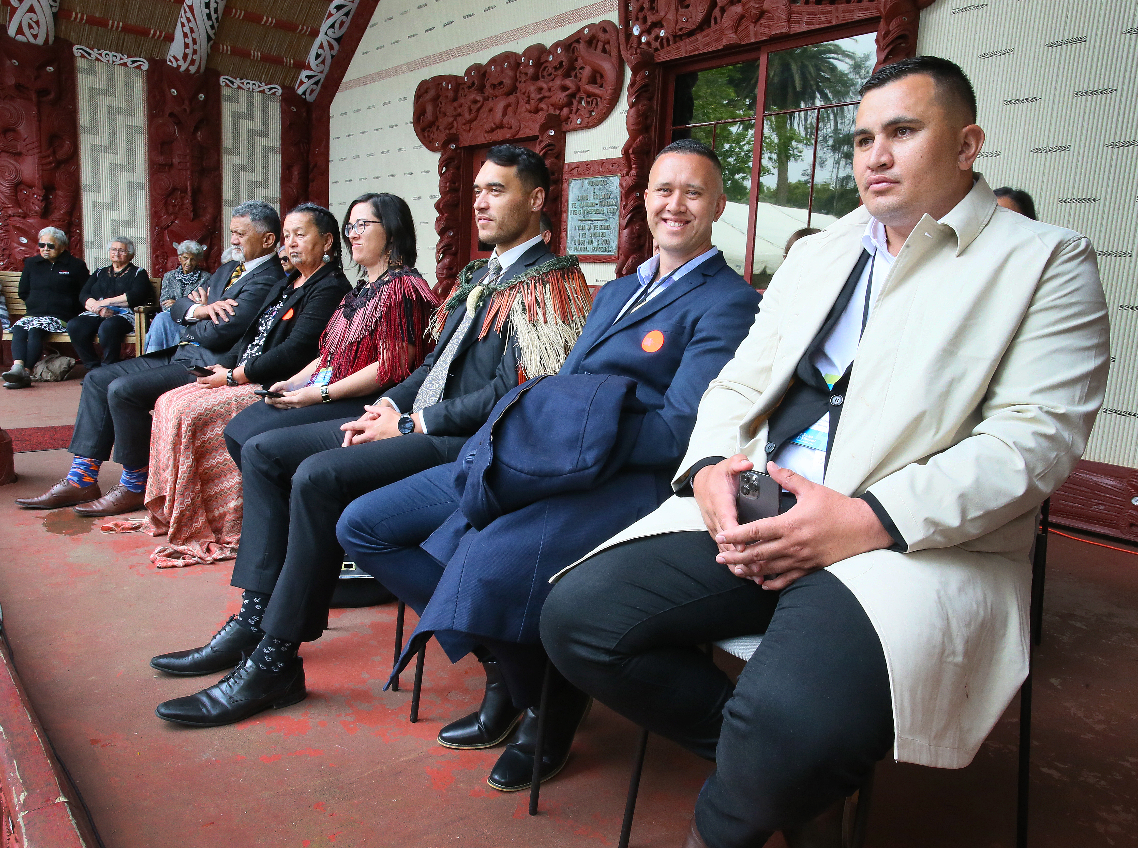 Far North District Council's four Māori ward councillors flank Deputy Mayor/Kowhai Kelly Stratford and Mayor/Kahika Moko Tepania (both at centre wearing korowai); Babe Kapa (left), Hilda Halkyard-Harawira, Tāmati Rākena and Penetaui Kleskovic at the council's 2022 pōwhiri at Waitangi. Photo / NZME