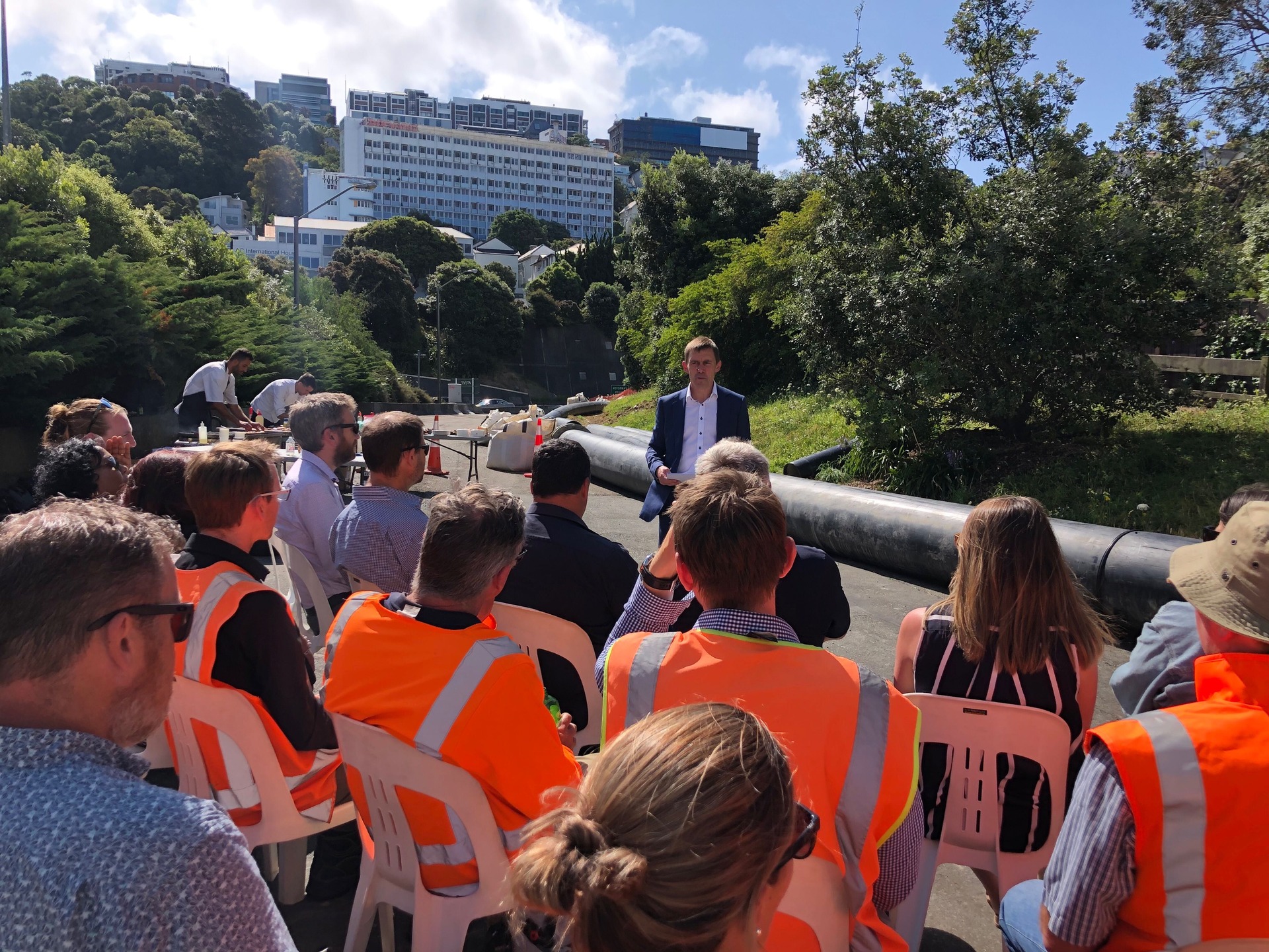 Mayor Andy Foster thanks workers dealing with the Willis St pipelines failure. Photo / Georgina Campbell. 