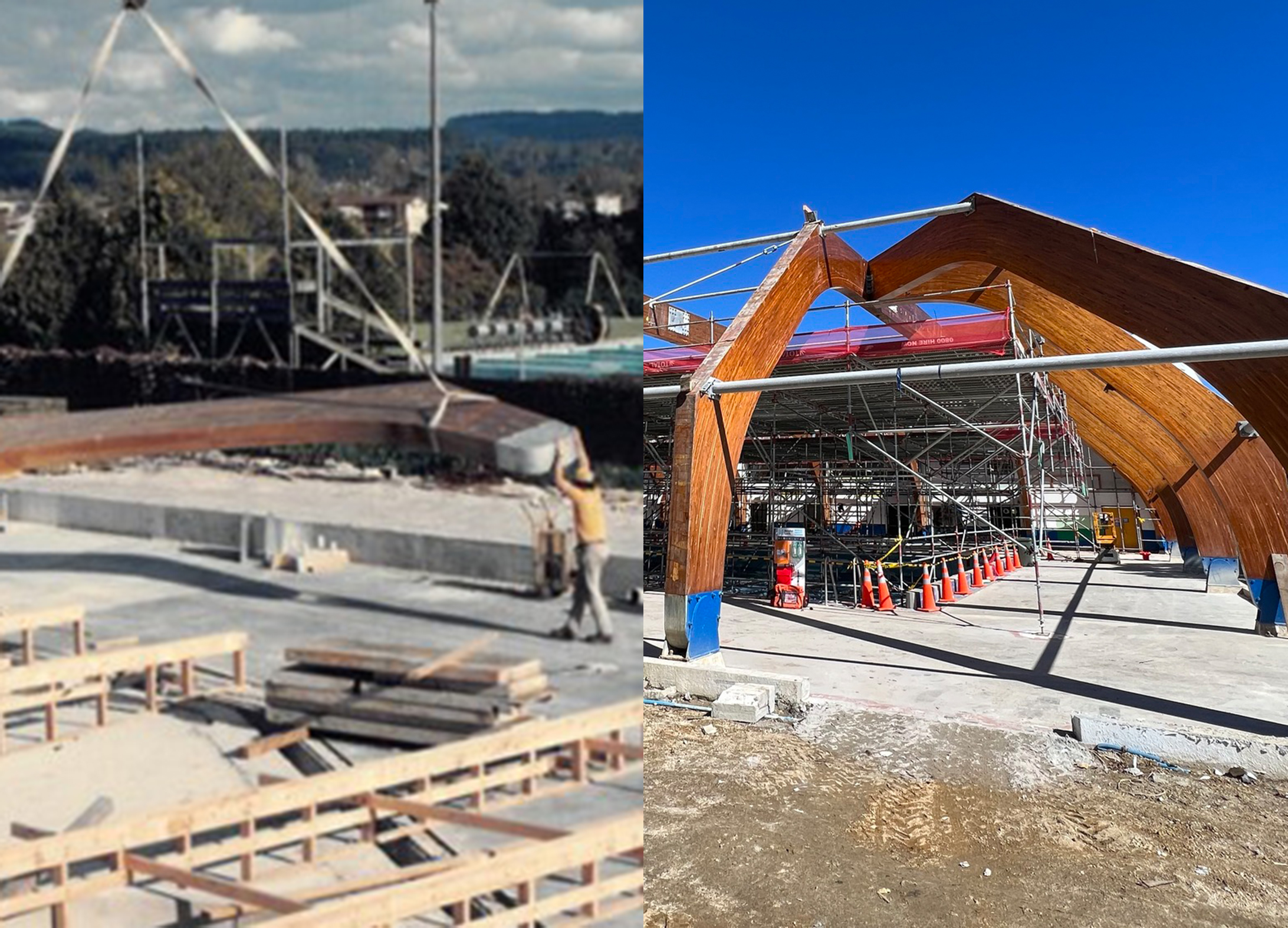 Rotorua Aquatic Centre indoor pool construction in 1986 (left), and the upgrade in 2023.