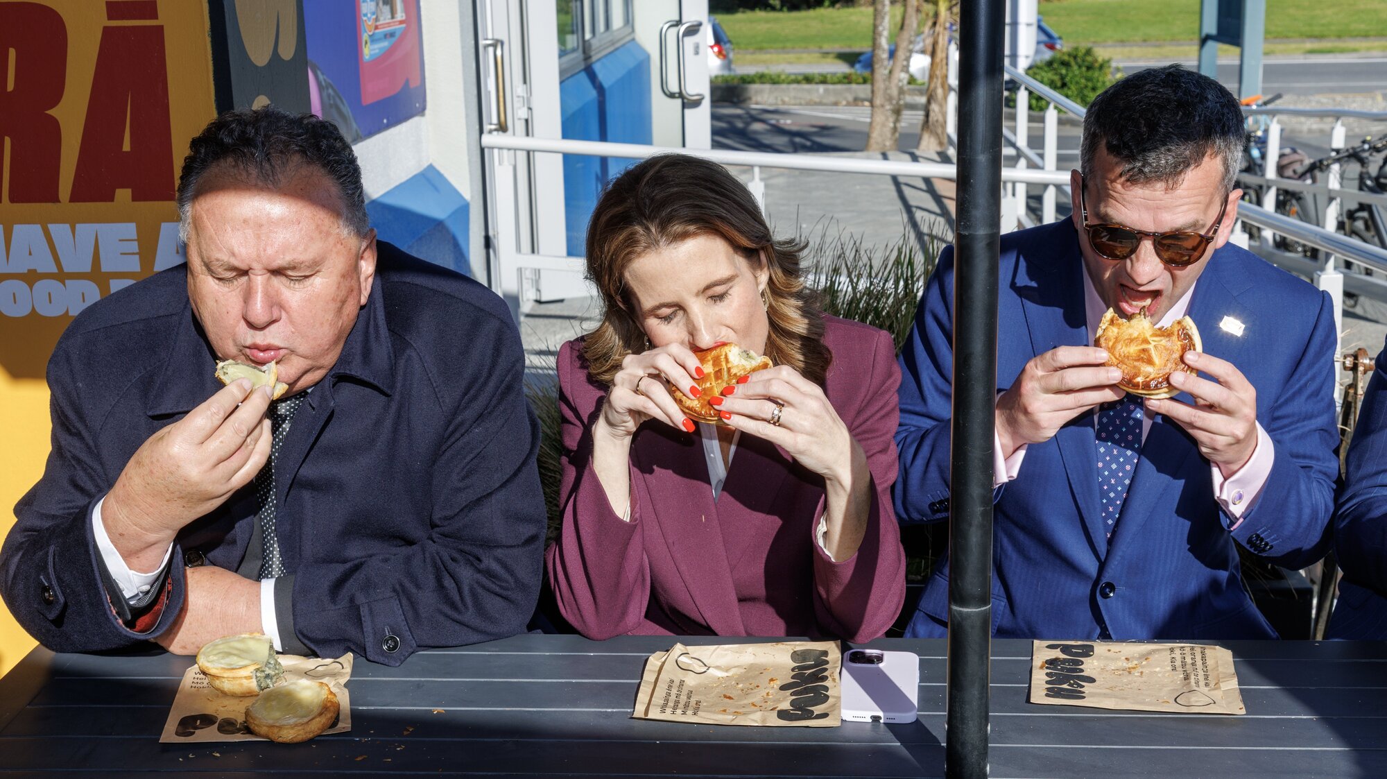 LOWER HUTT, NEW ZEALAND - MAY 25:  Finance Minister Nicola Willis and Associate Finance Ministers Shane Jones, left, and David Seymour tuck into pies at Puku Pies in Petone, Lower Hutt, Wellington, New Zealand, May 25, 2026. Herald photograph by Mark Mitchell  



















 














