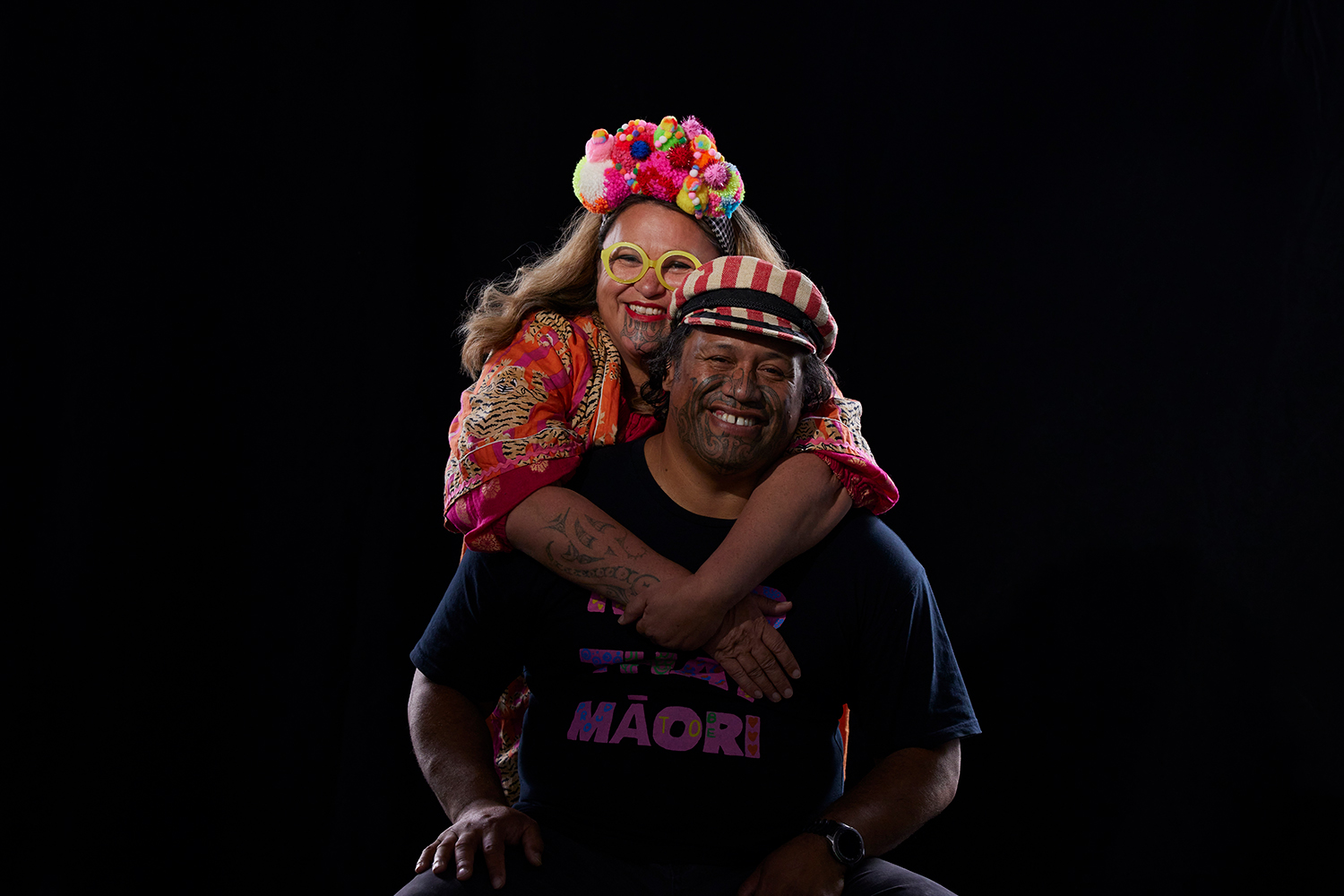 Lissy and Rudi Robinson-Cole are crochet artists known for their work on Wharenui Harikoa, a full-sized wharenui made from bright and intricately knitted yarn. Photo / Russ Flatt